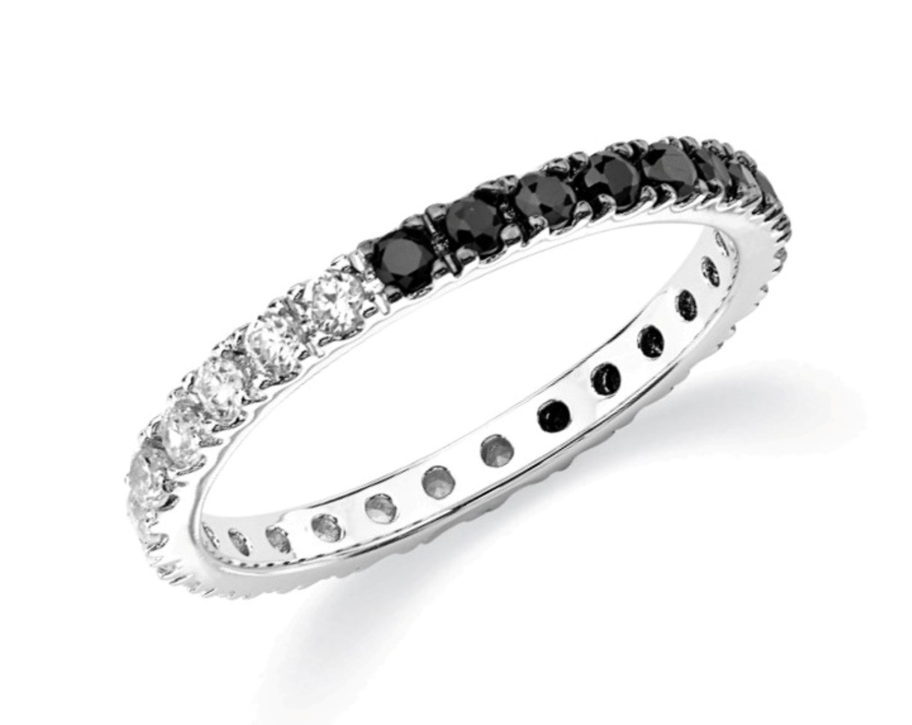 Round Black and Clear CZ Eternity Band Ring, Rhodium Plated Sterling Silver