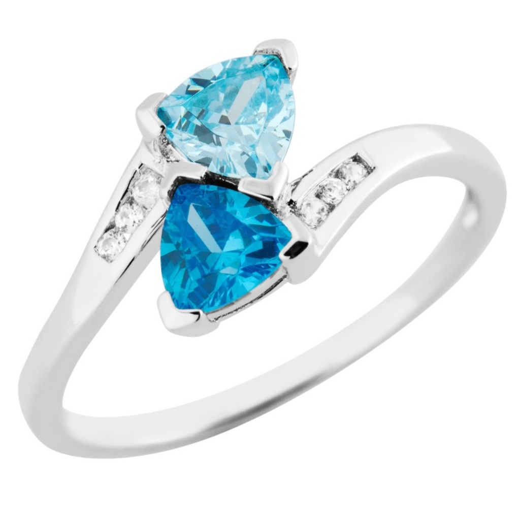 Bypass Trillion Blue Topaz CZ and White CZ Funky Ring, Rhodium Plated Sterling Silver