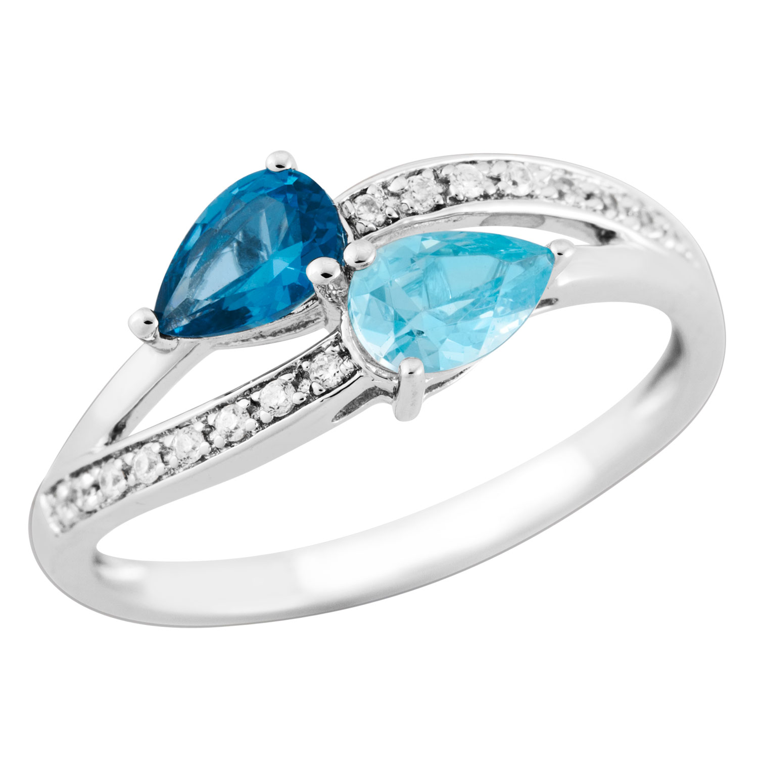 Bypass Pear Blue Topaz CZ and White CZ Funky Ring, Rhodium Plated Sterling Silver