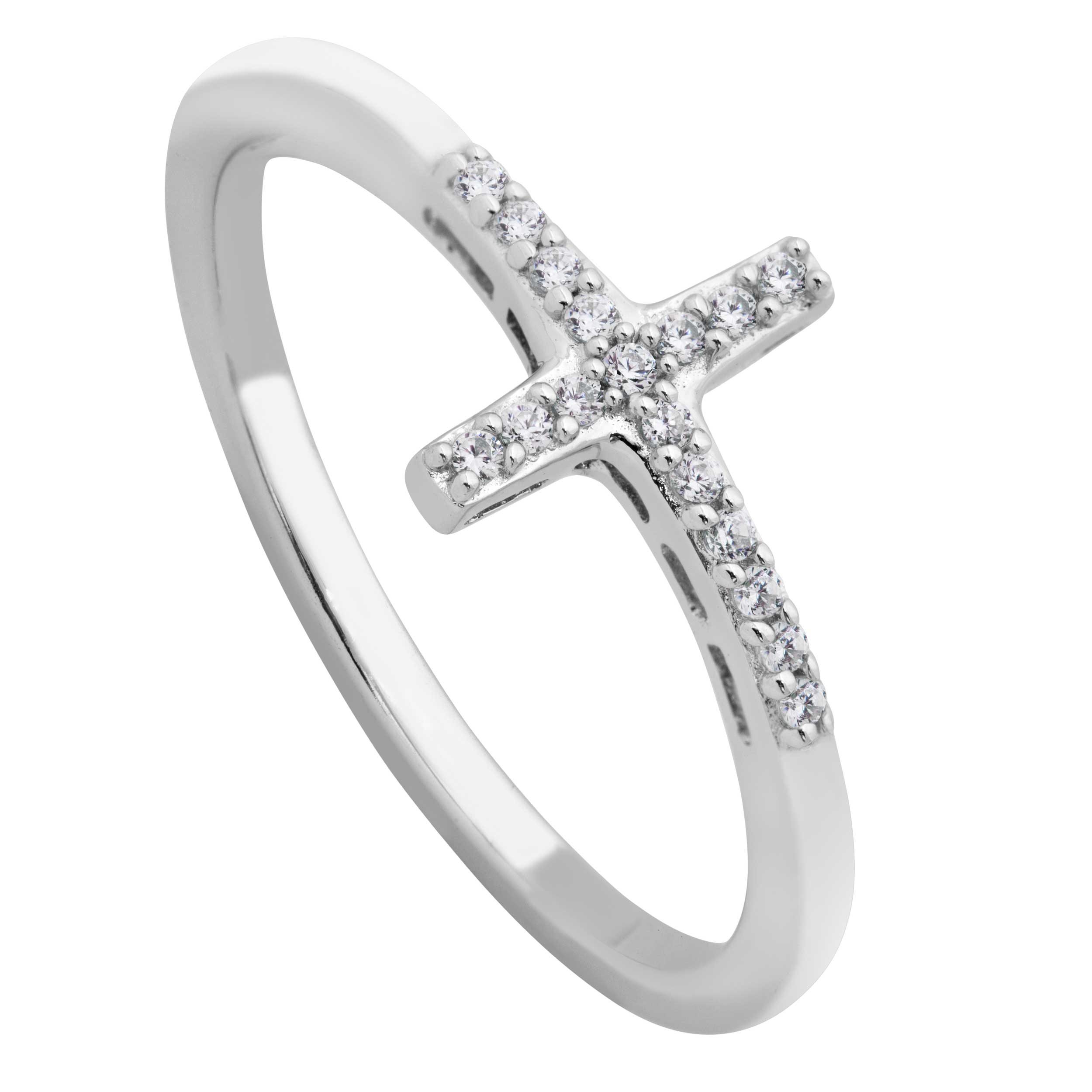 Slim Profile Cross with CZ's Ring, Sterling Silver. 