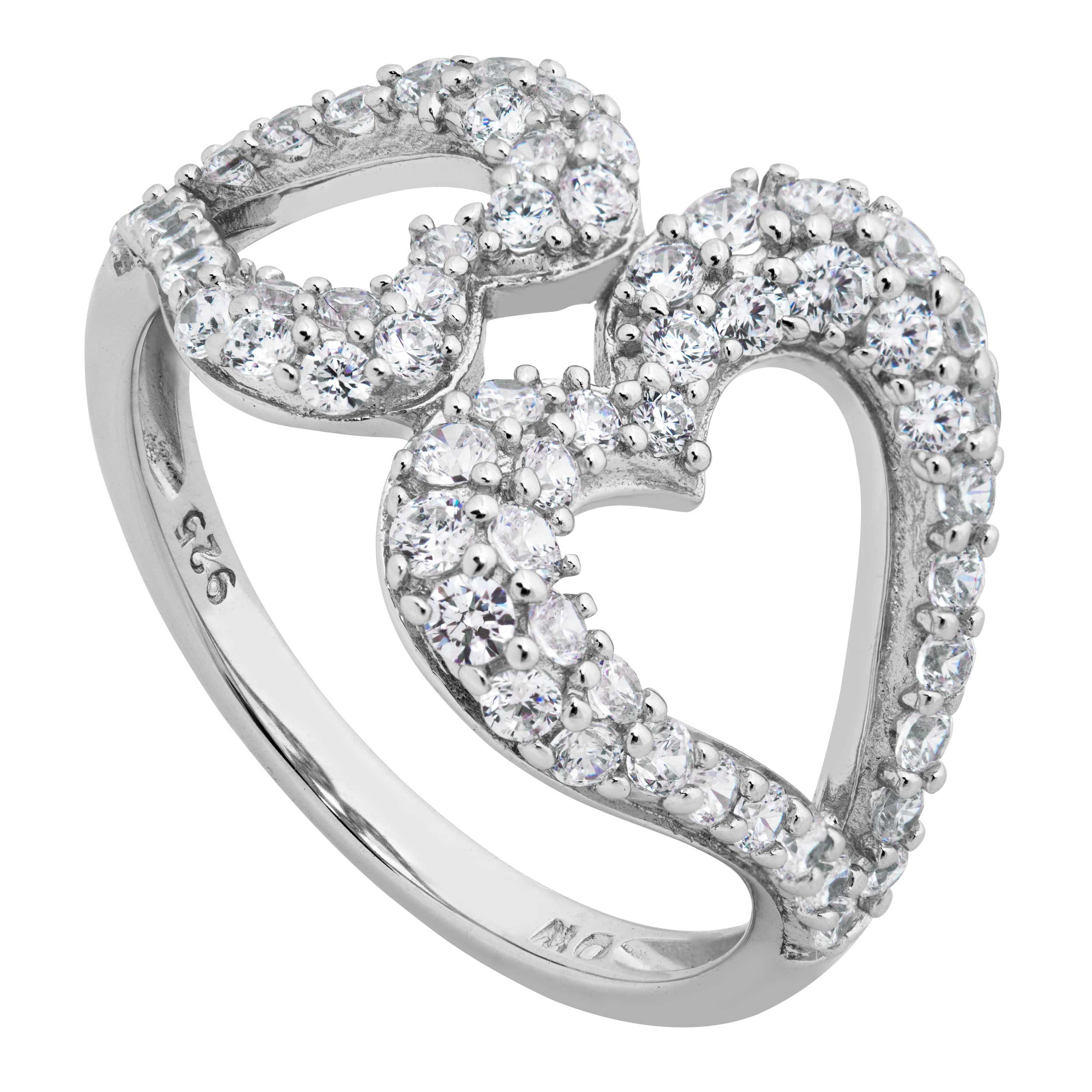 Graduated Twin Heart CZ's Ring, Sterling Silver. 