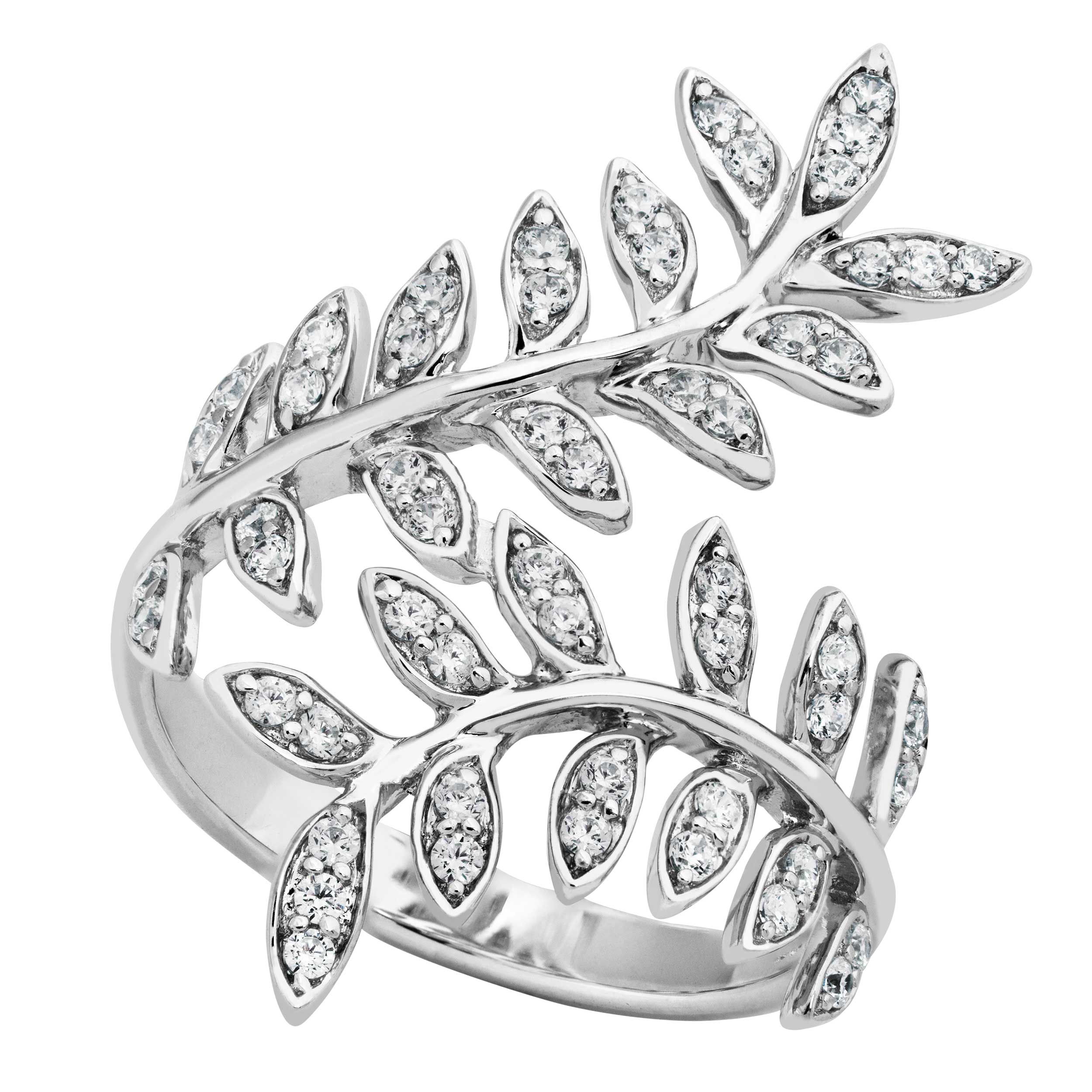 Petite CZ's Leaf Bypass Ring, Sterling Silver. 