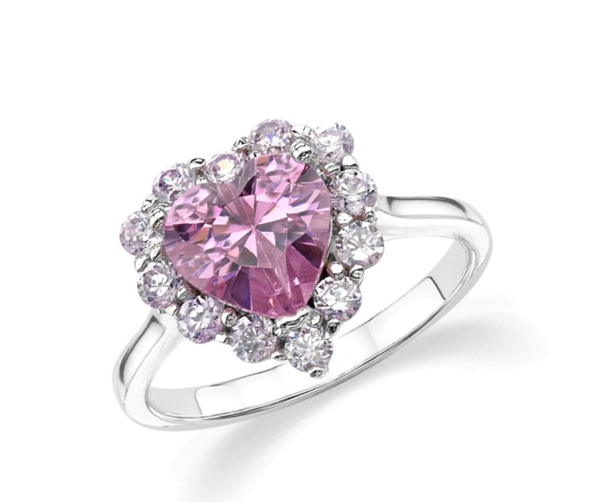 Pink CZ Heart Halo Ring, Rhodium Plated Sterling Silver