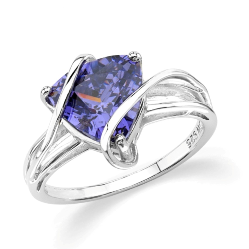  Pure Blue CZ Trillion Ring, Rhodium Plated Sterling Silver