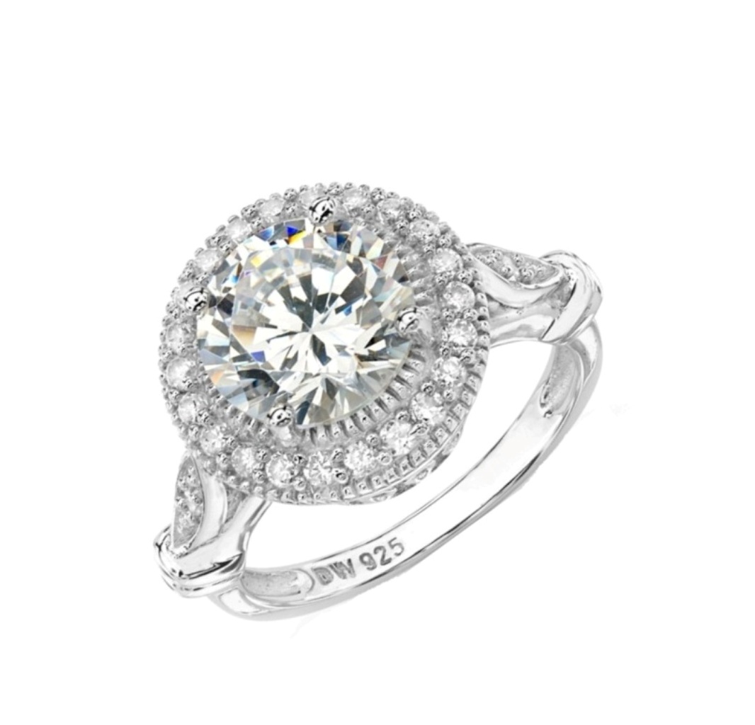 CZ Round Halo Ring, Rhodium Plated Sterling Silver