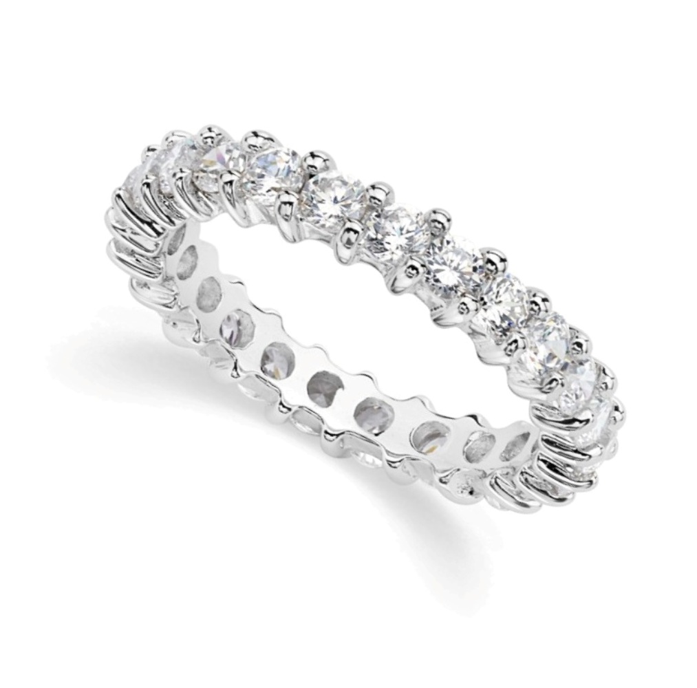 Round CZ Eternity Band Ring, Rhodium Plated Sterling Silver