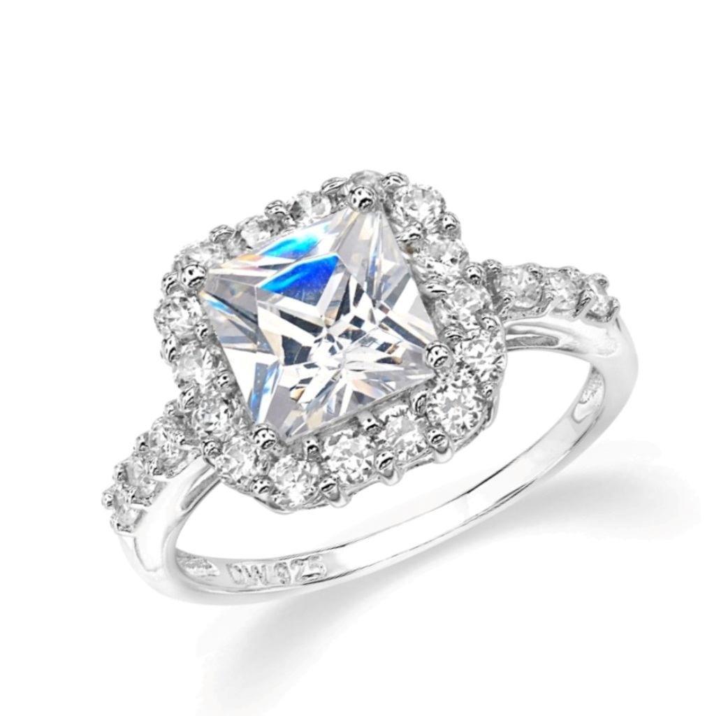 CZ Square Halo Ring, Rhodium Plated Sterling Silver