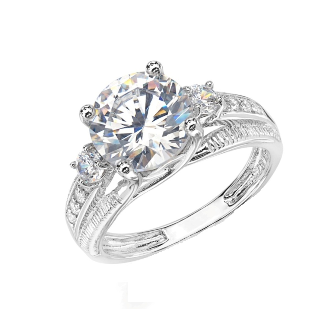 3-Stone CZ Vintage Engagement Ring, Rhodium Plated Sterling Silver