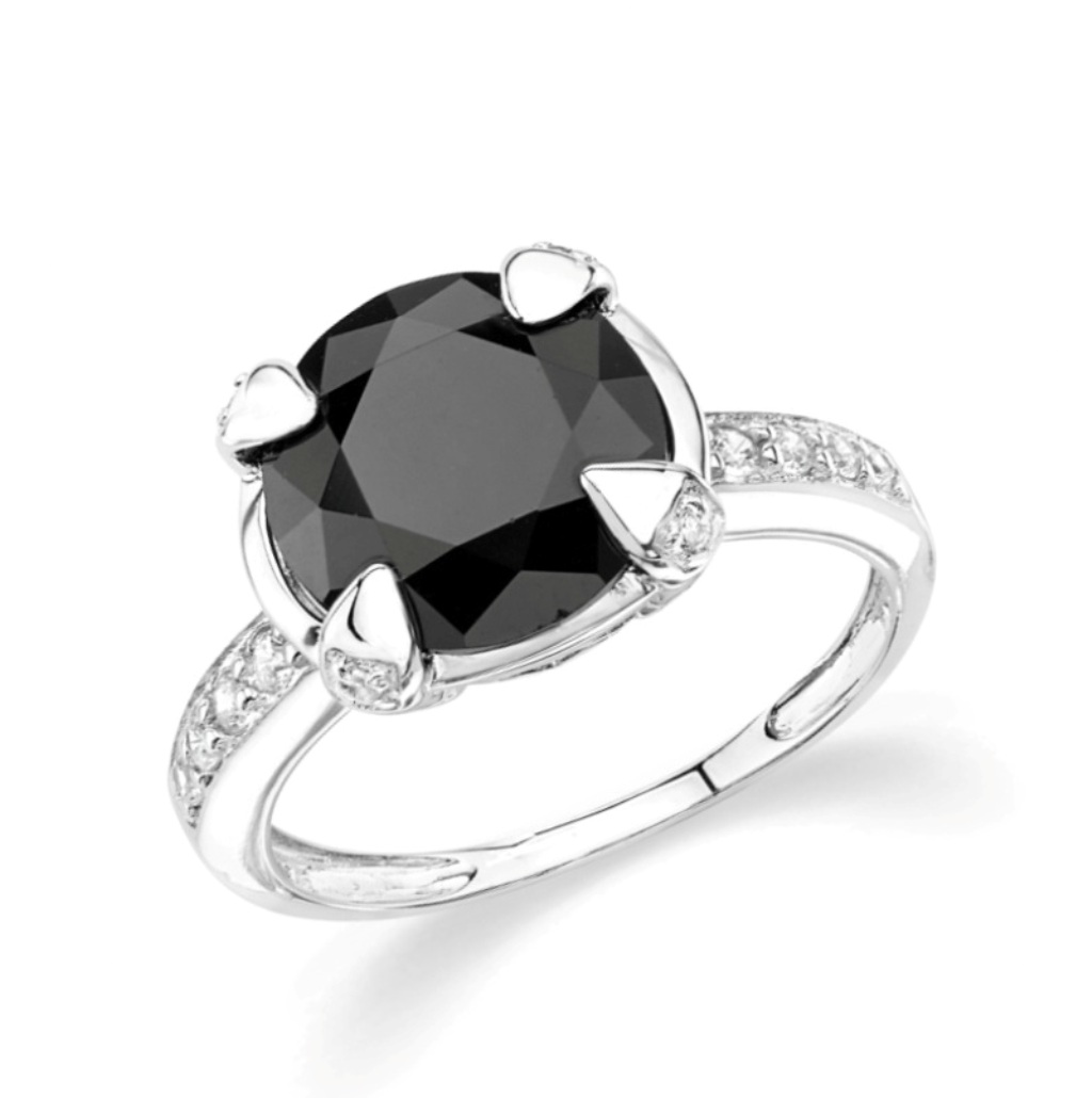Round Black CZ with CZ Accents Ring, Rhodium Plated Sterling Silver
