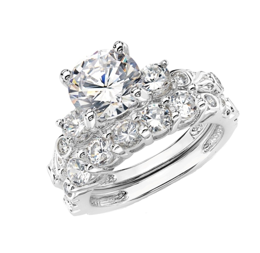 CZ 3-Stone Bridal Set Ring, Rhodium Plated Sterling Silver