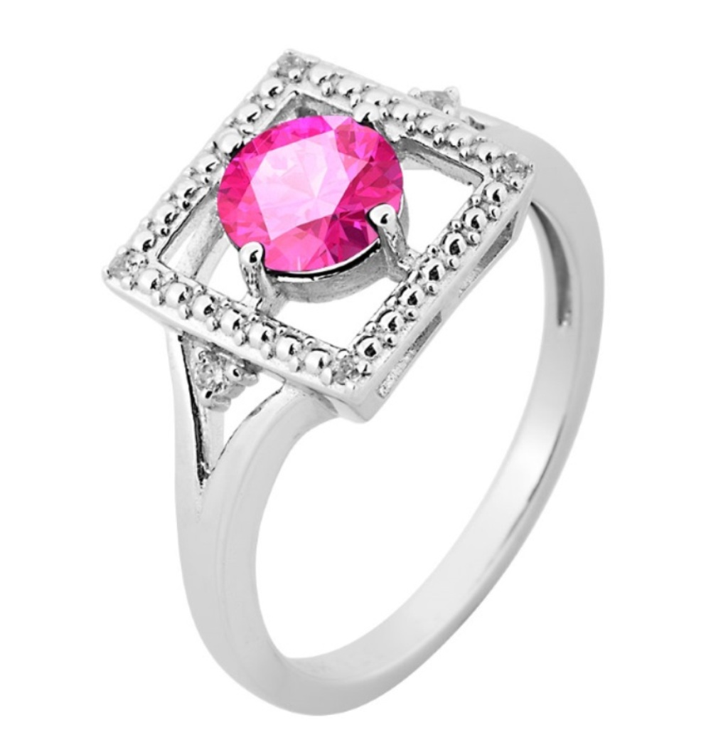 Framed Pink CZ Ring, Rhodium Plated Sterling Silver