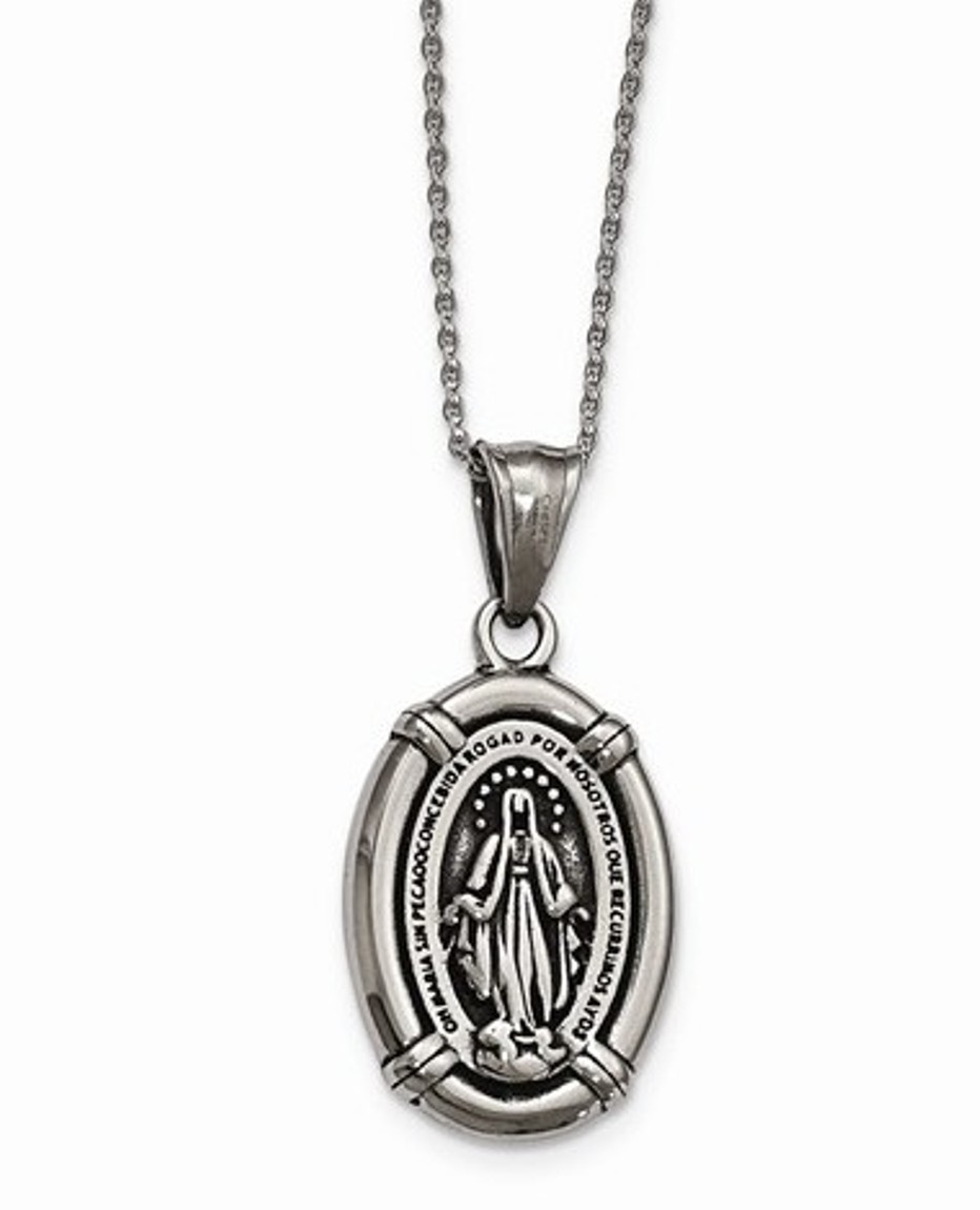 Stainless Steel Antiqued Polished Spanish Miraculous Medal Necklace