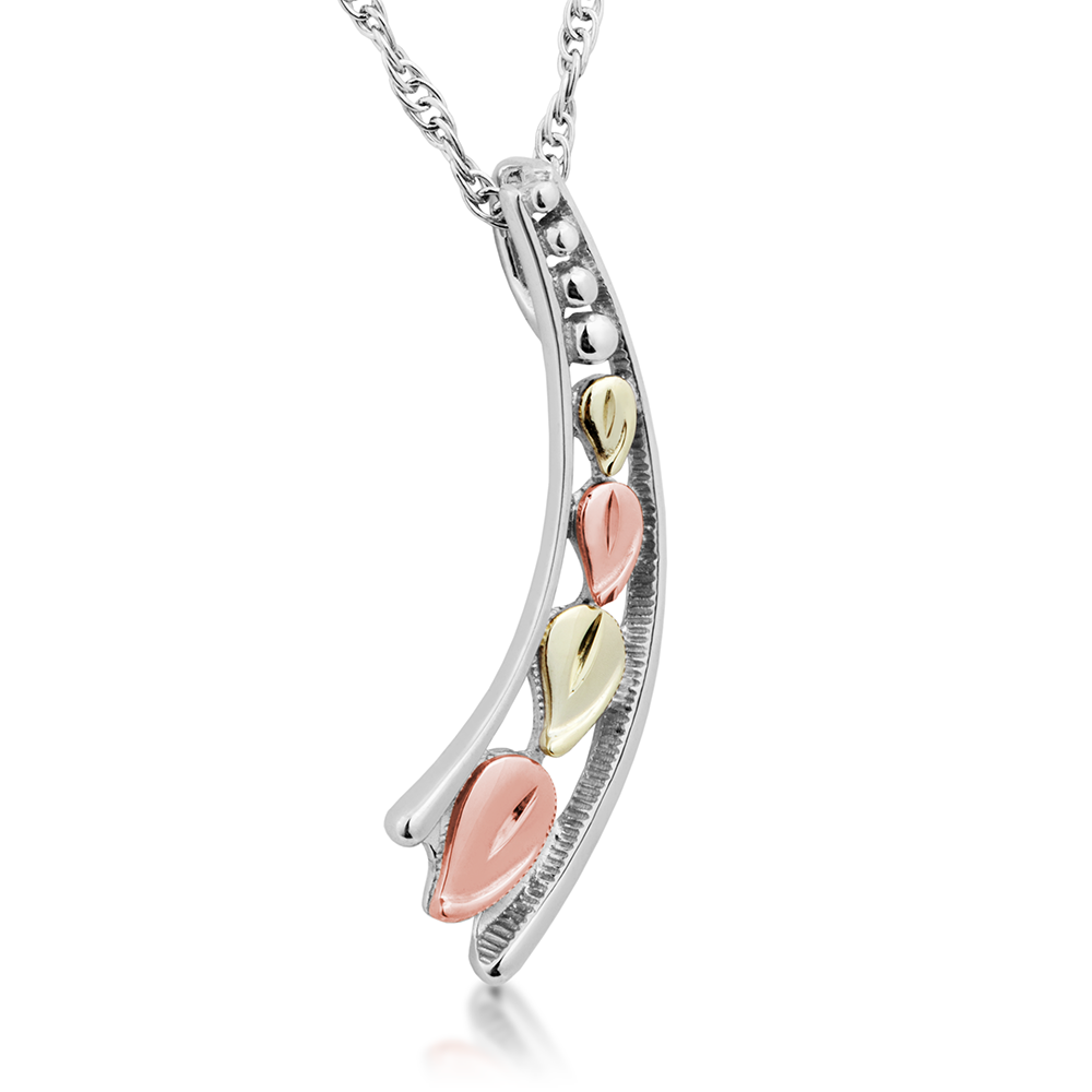 Two-tone Cascading Leaf Pendant Necklace, Rhodium Plate Sterling Silver, 12k Rose and Green Gold Black Hill Gold Motif. 