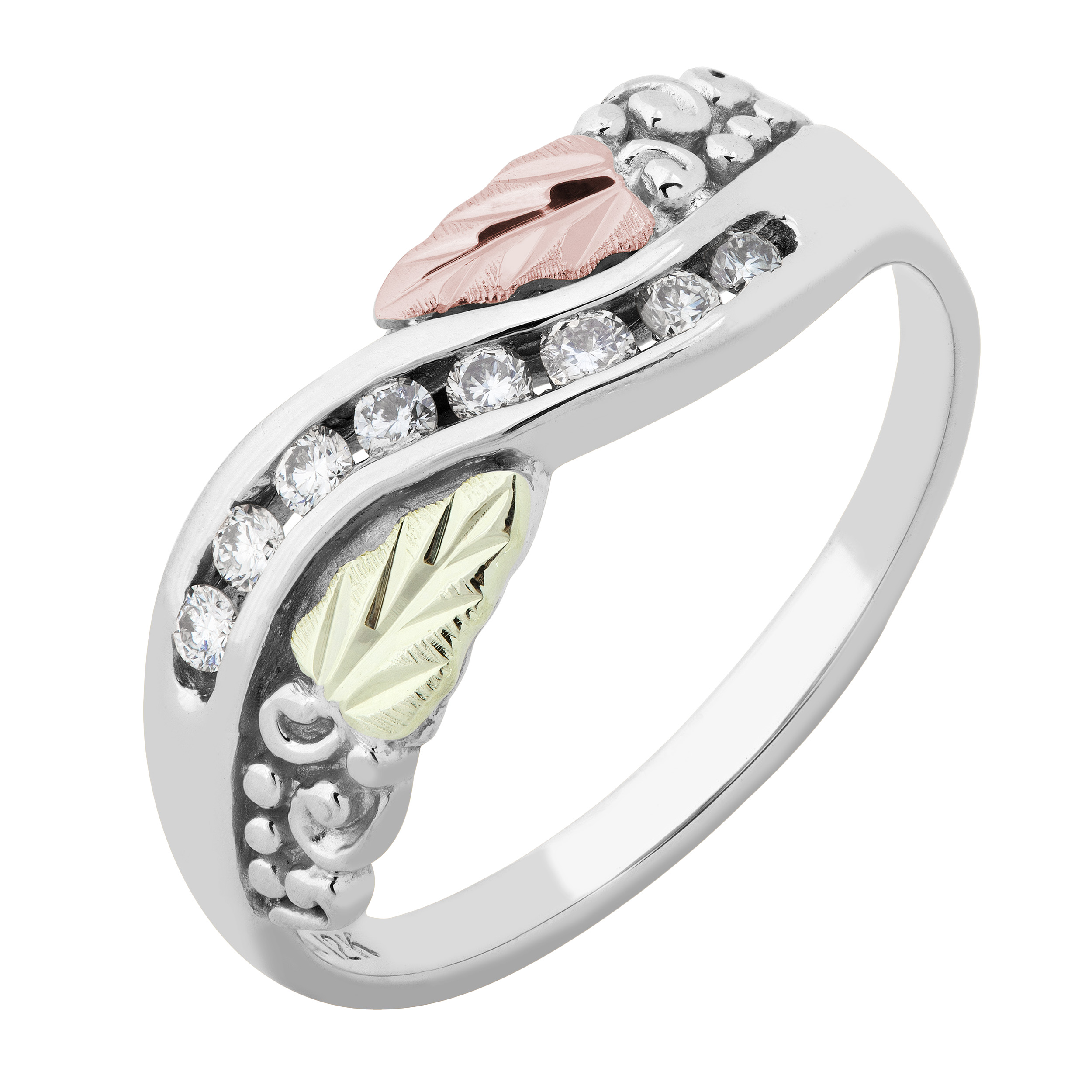 Channel-Set Diamond Ring, Sterling Silver, 12k Green and Rose Gold Black Hills Gold Motif (.16 Ctw,    Color,    Clarity)
