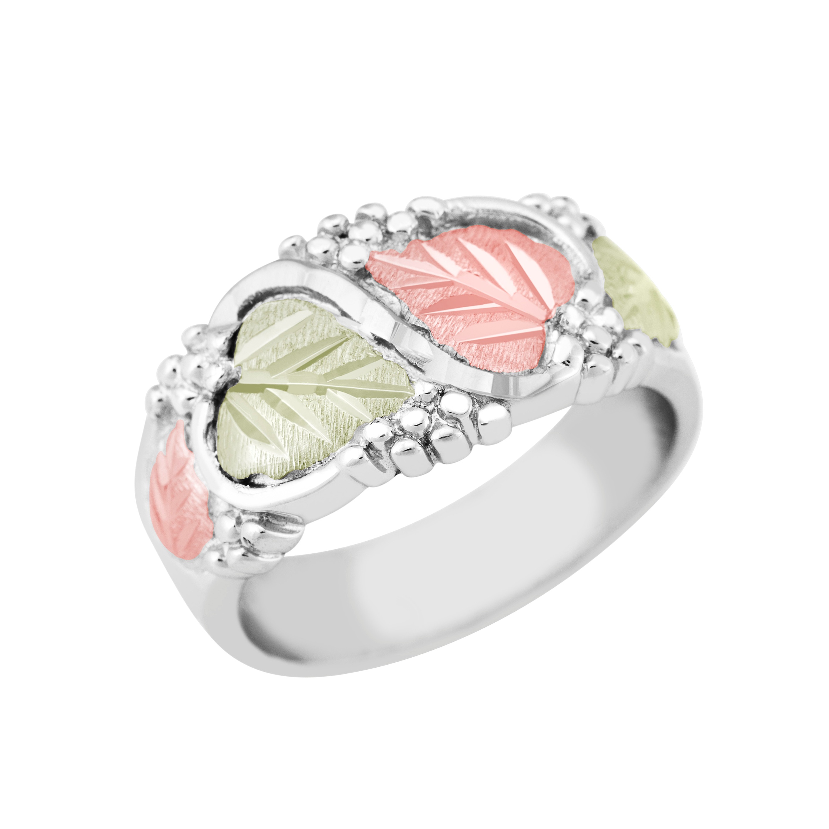 Diamond-Cut Heart Leaf Ring, 10k White Gold, 12k Green and Rose Gold Black Hills Gold Motif