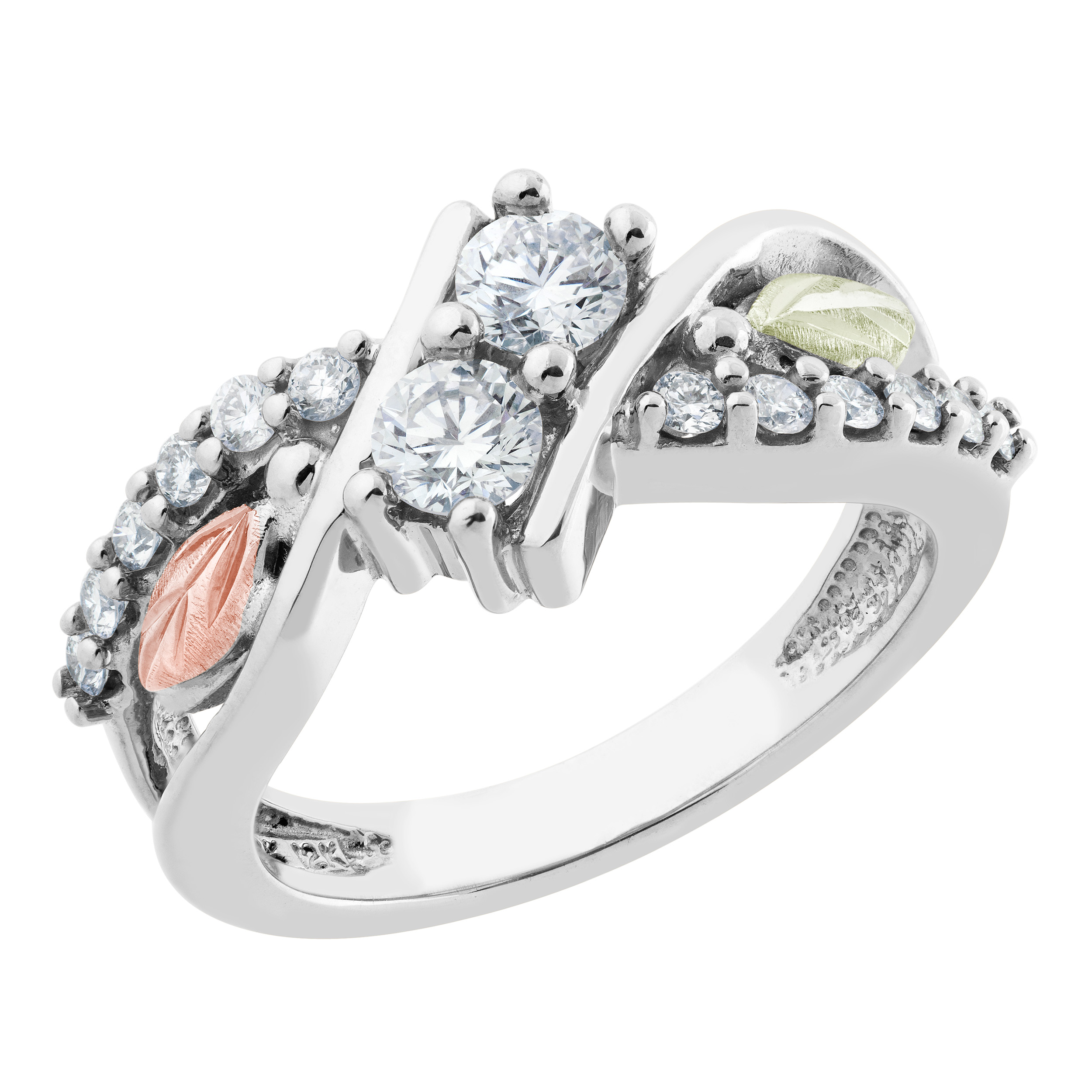 Diamond Bypass Ring, 10k White Gold, 12k Green and Rose Gold Black Hills Gold Motif (1 Ctw,    Color,    Clarity)