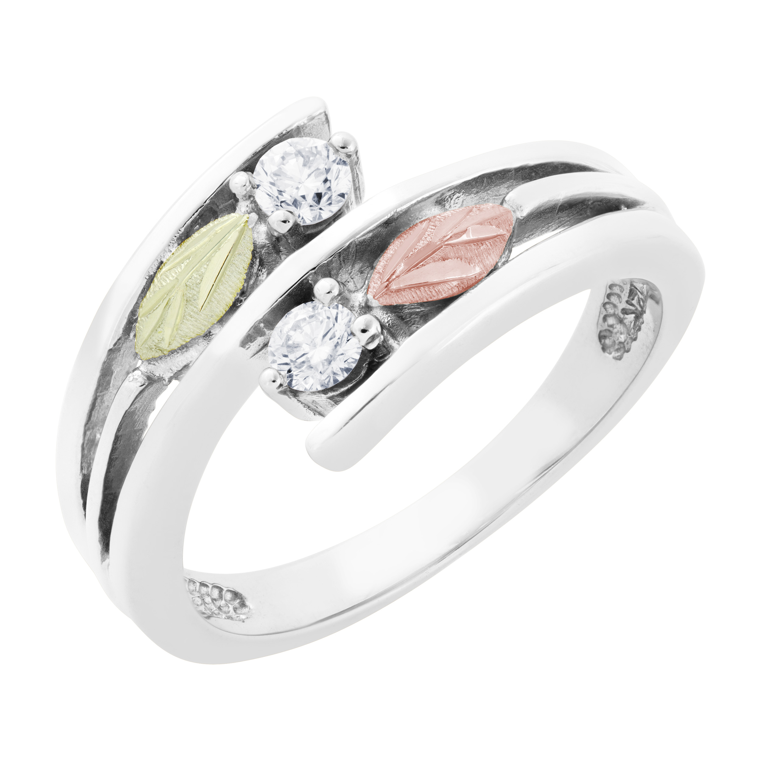 Diamond with Leaf Bypass Ring, 10k White Gold, 12k Green and Rose Gold Black Hills Gold Motif (.2 Ctw,    Color,    Clarity)