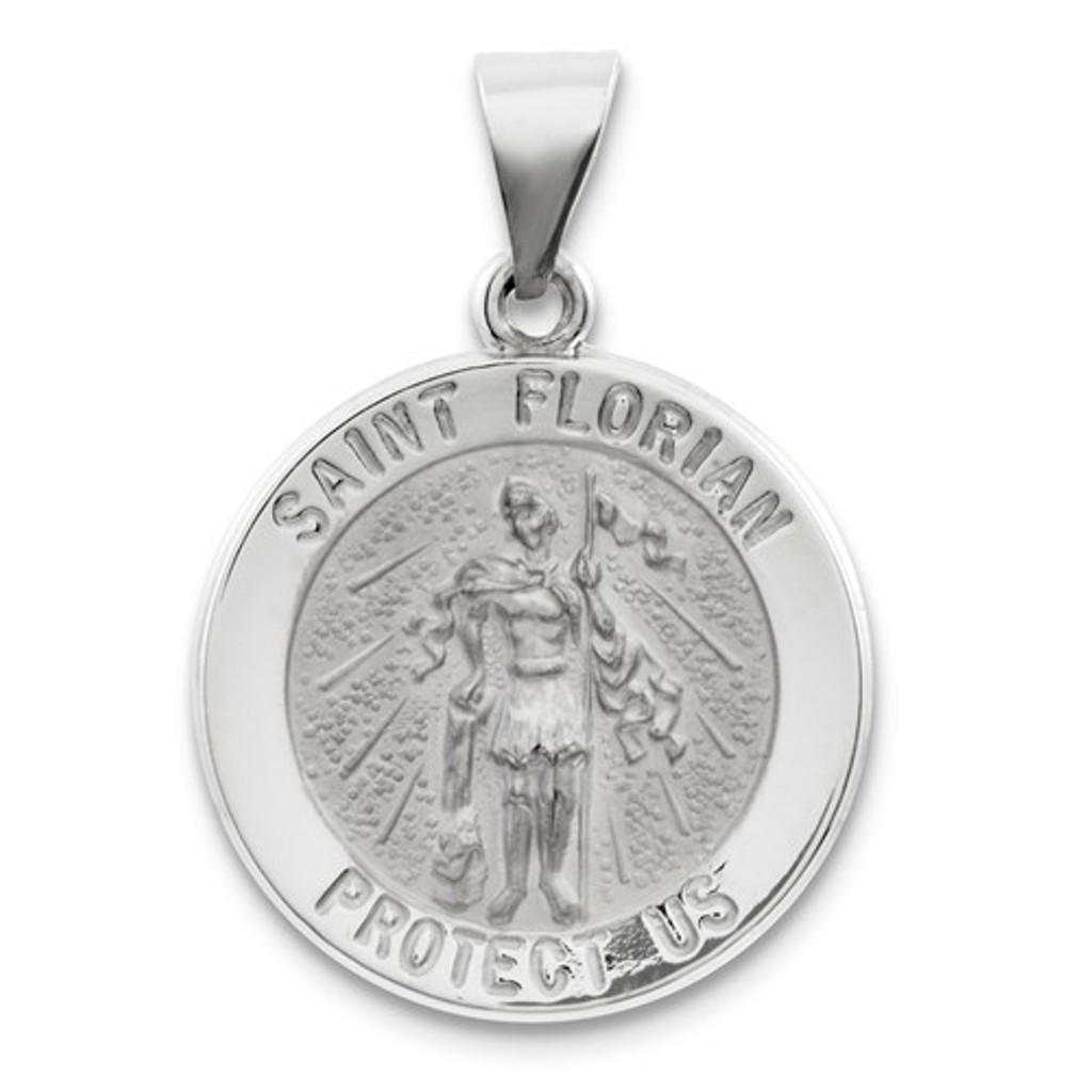 14k White Gold Polished and Satin St. Florian Medal Pendant