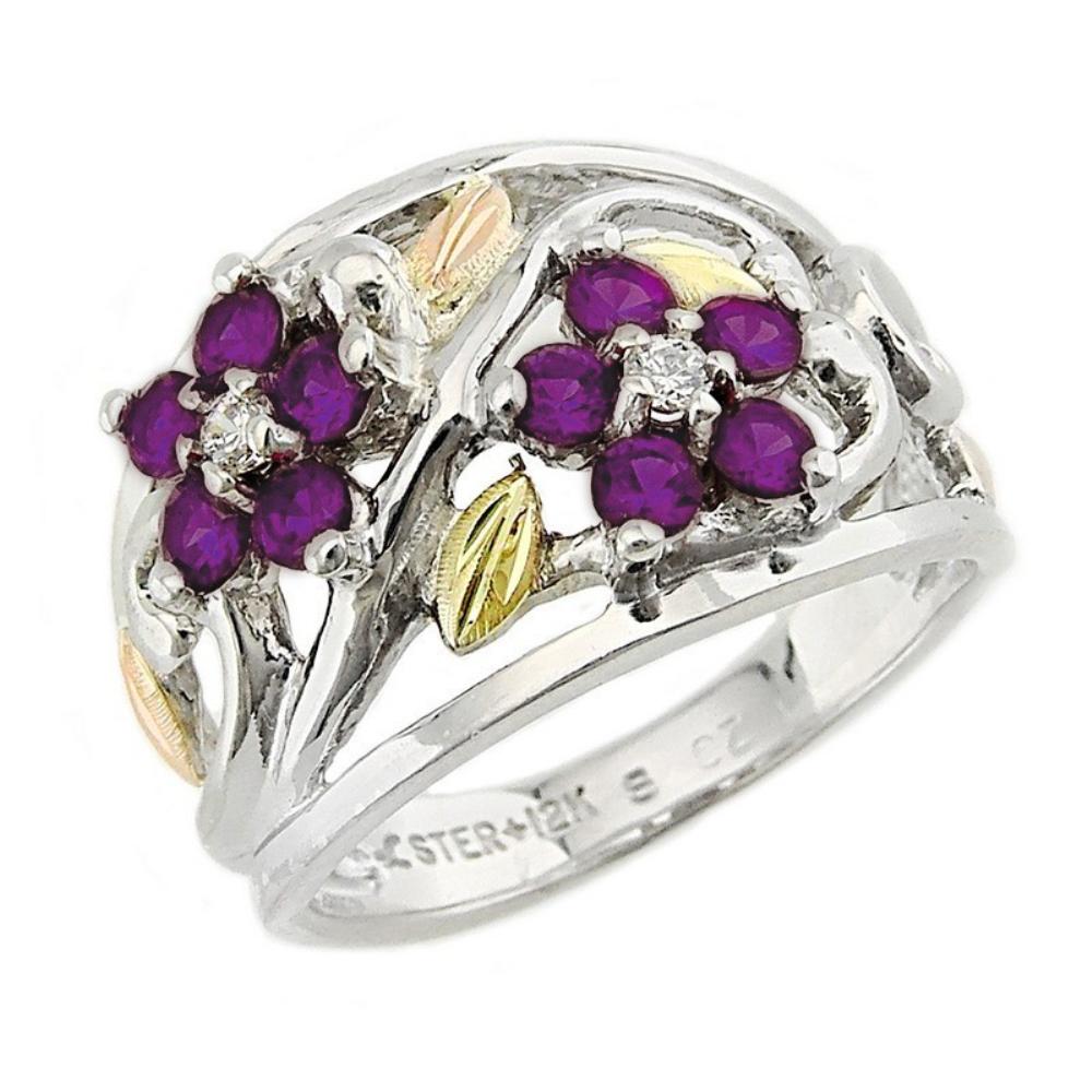 black-hills-gold-on-silver-created-amethyst-brithstone-flower-ring-LR986-SS. 