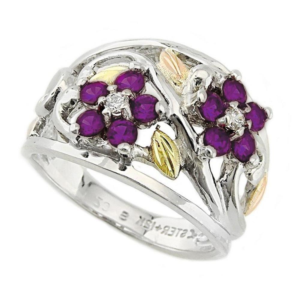 black-hills-gold-on-silver-created-amethyst-brithstone-flower-ring-LR986-SS. 