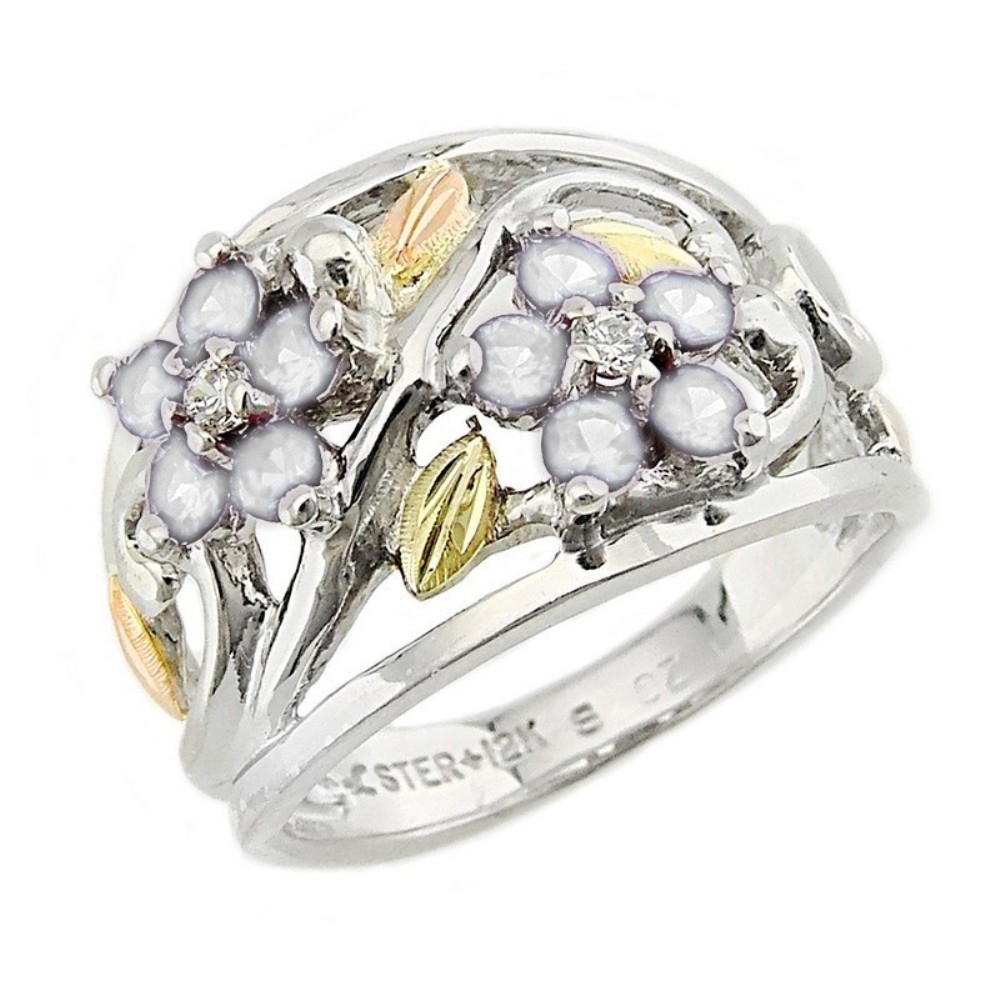 black-hills-gold-on-silver-created-white-spinel-brithstone-flower-ring-LR986-SS. 