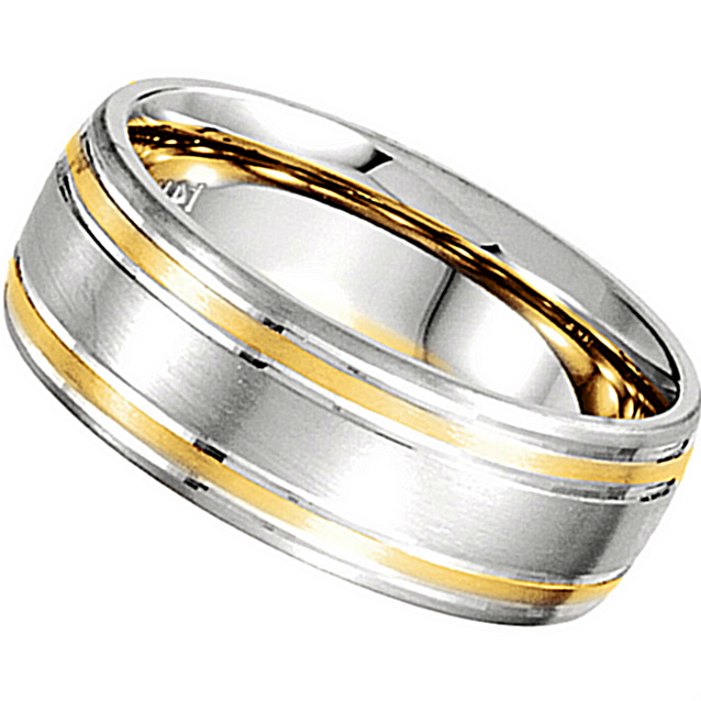 Satin Finish Grooved Comfort-Fit Band, 7mm Rhodium-Plated 14k White and Yellow Gold. 