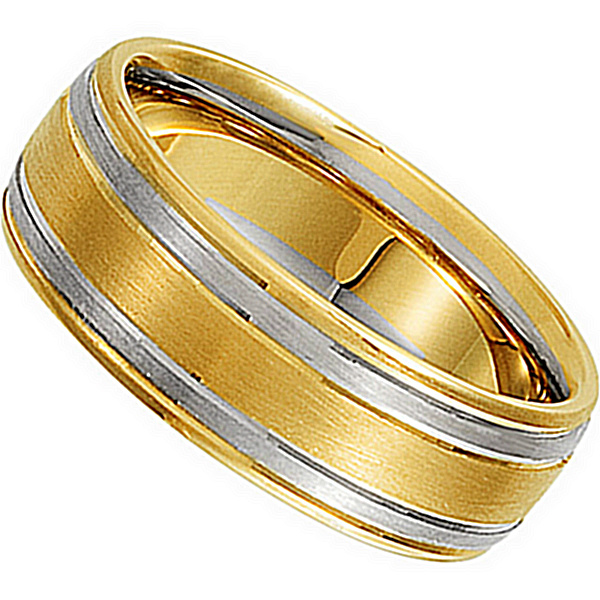 Satin Finish Grooved Comfort-Fit Band, 7mm Rhodium-Plated 14k Yellow and White Gold. 