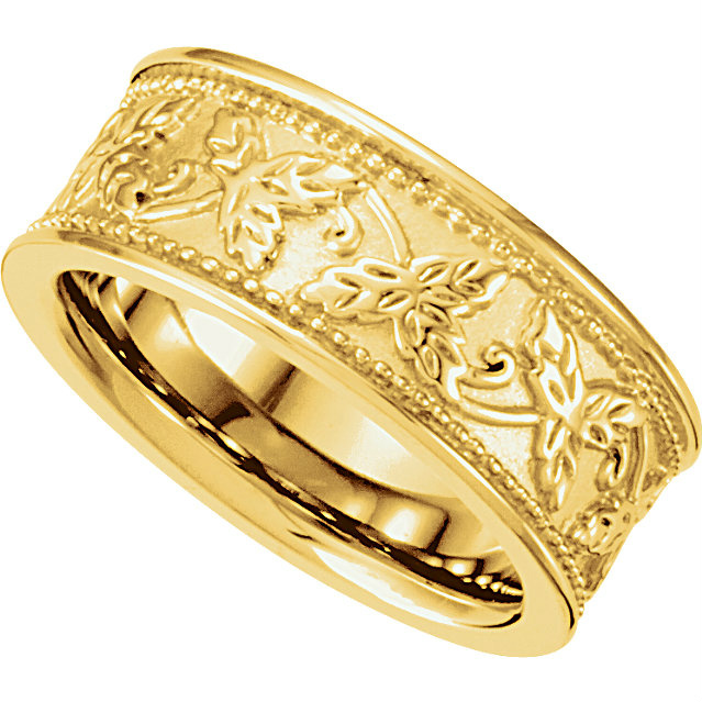 Decorative Leaf Design Band Rhodium Plated 10k Yellow Gold. 