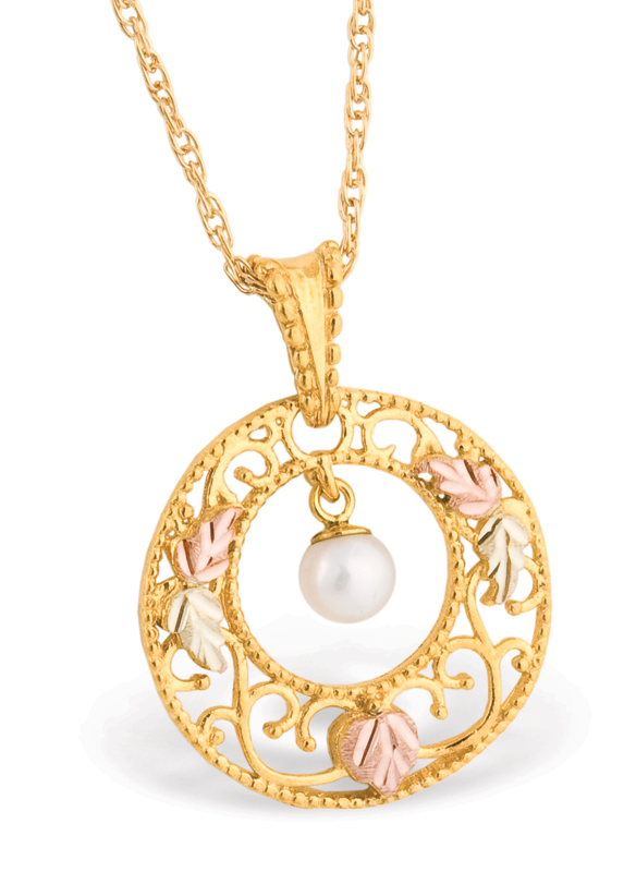 Black Hills Gold Necklace with White Pearl inside Circle Pendant and Grape Leaf. 