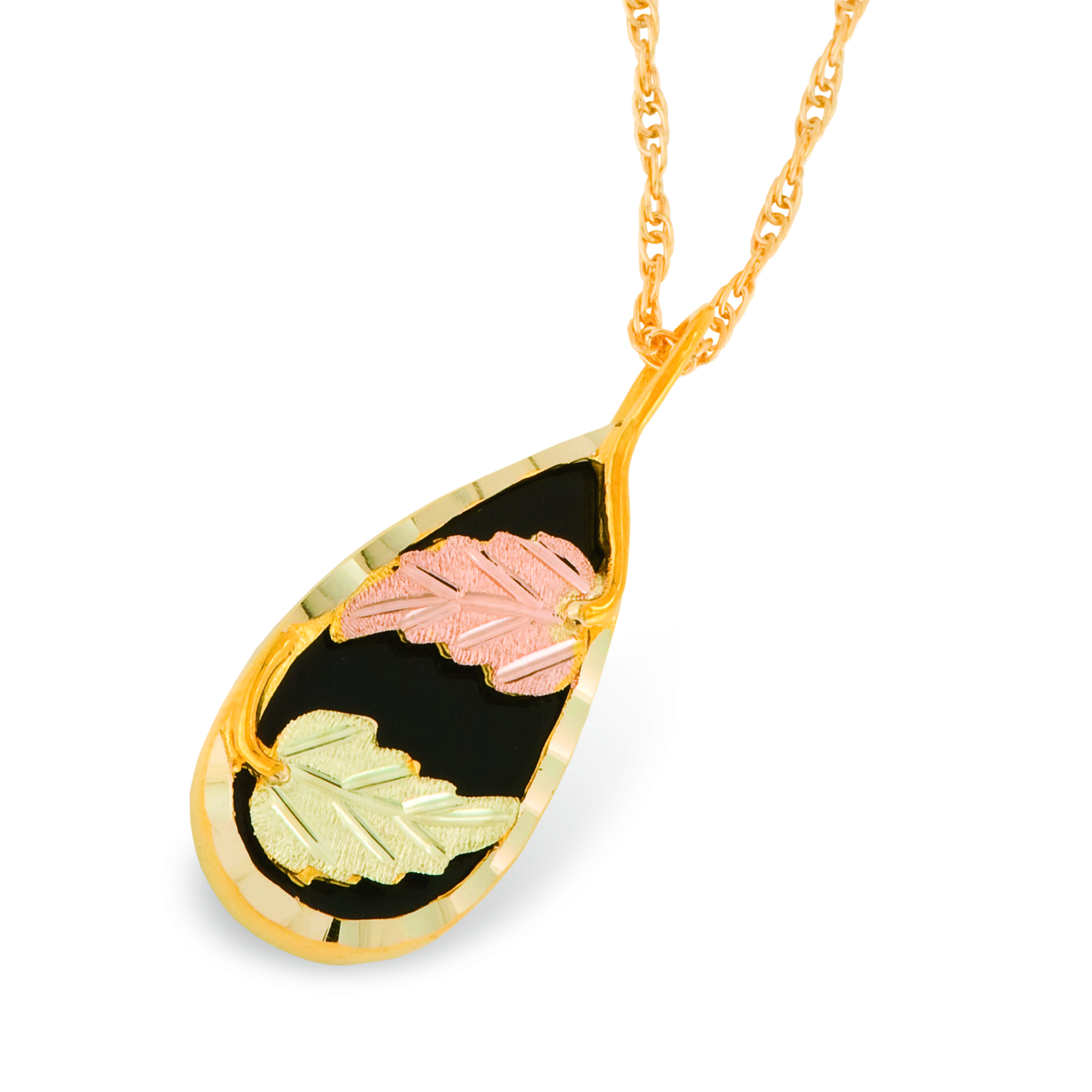 Black Hills Gold Necklace with Black Oval Shape Grape Leaf Pendant. 