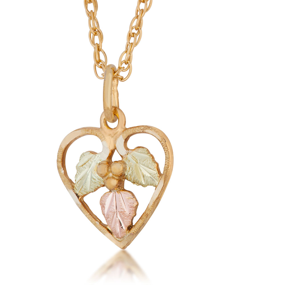 Black Hills Gold Necklace with Heart Shaped Grape Leaf Cluster Pendent. 