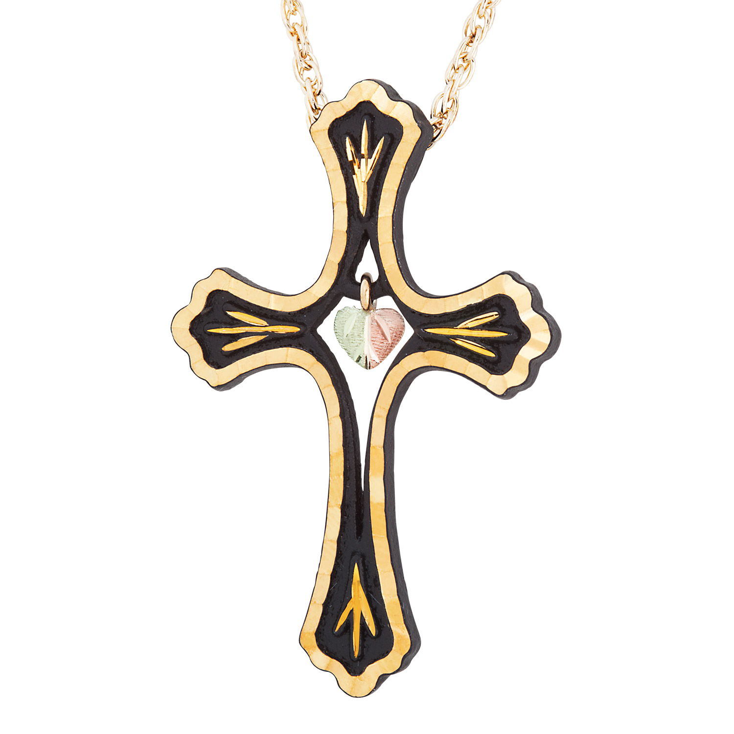 Cross with Black Powder Coat Pendant Necklace, 10k Yellow Gold, 12k Green and Rose Gold Black Hills Gold Motif GLCR677, 18