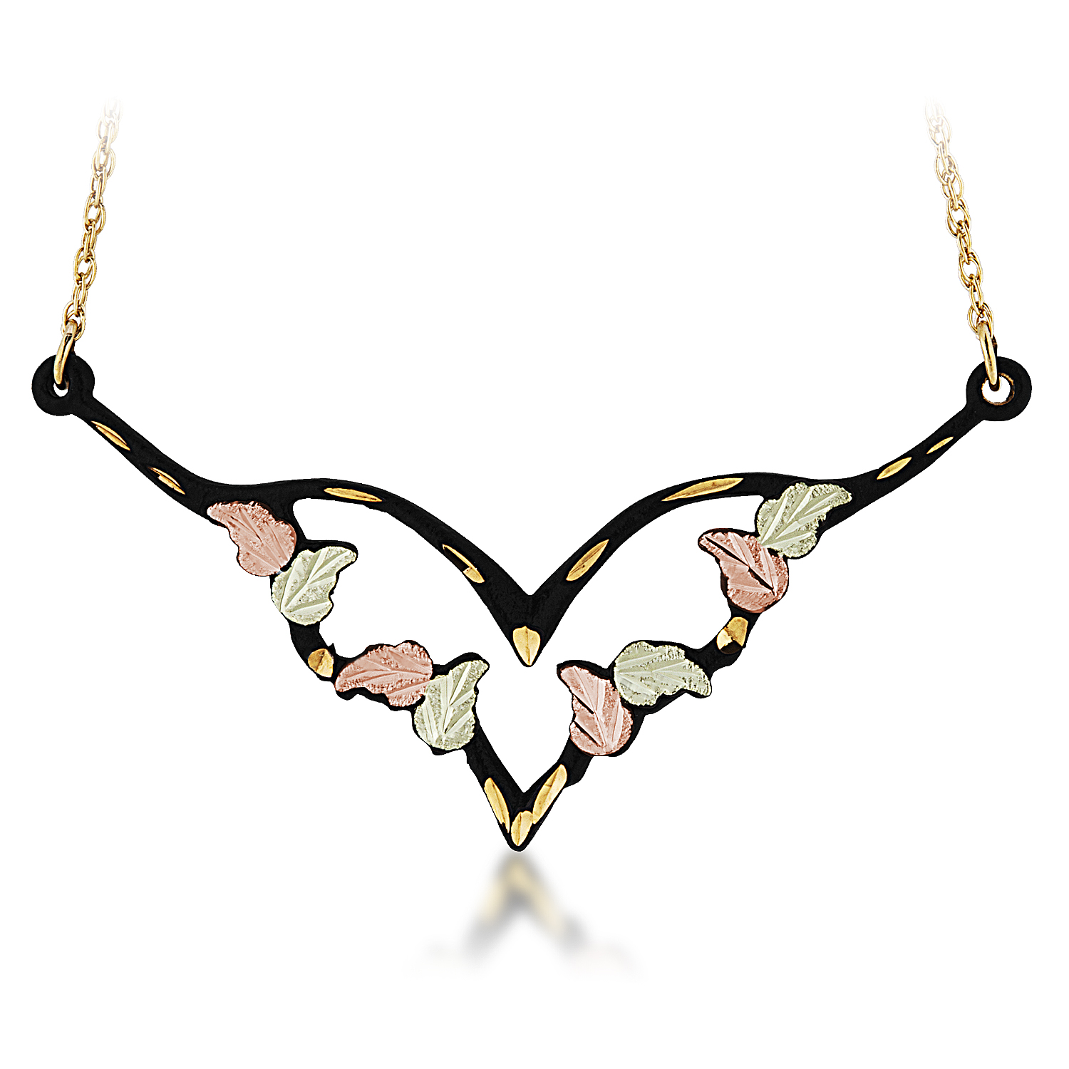 Black Hills Gold Necklace with multi leafed attachment in black. 