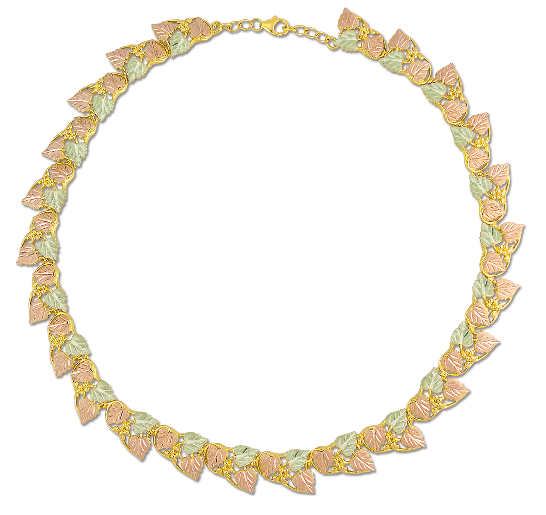 Black Hills Gold Necklace chain with multi grape leaf clusters. 