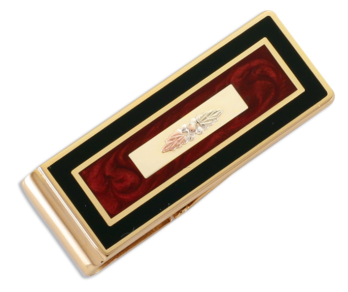 10k Yellow Gold trimmed Money Clip with Wood accent and Black Hills Gold motif. 