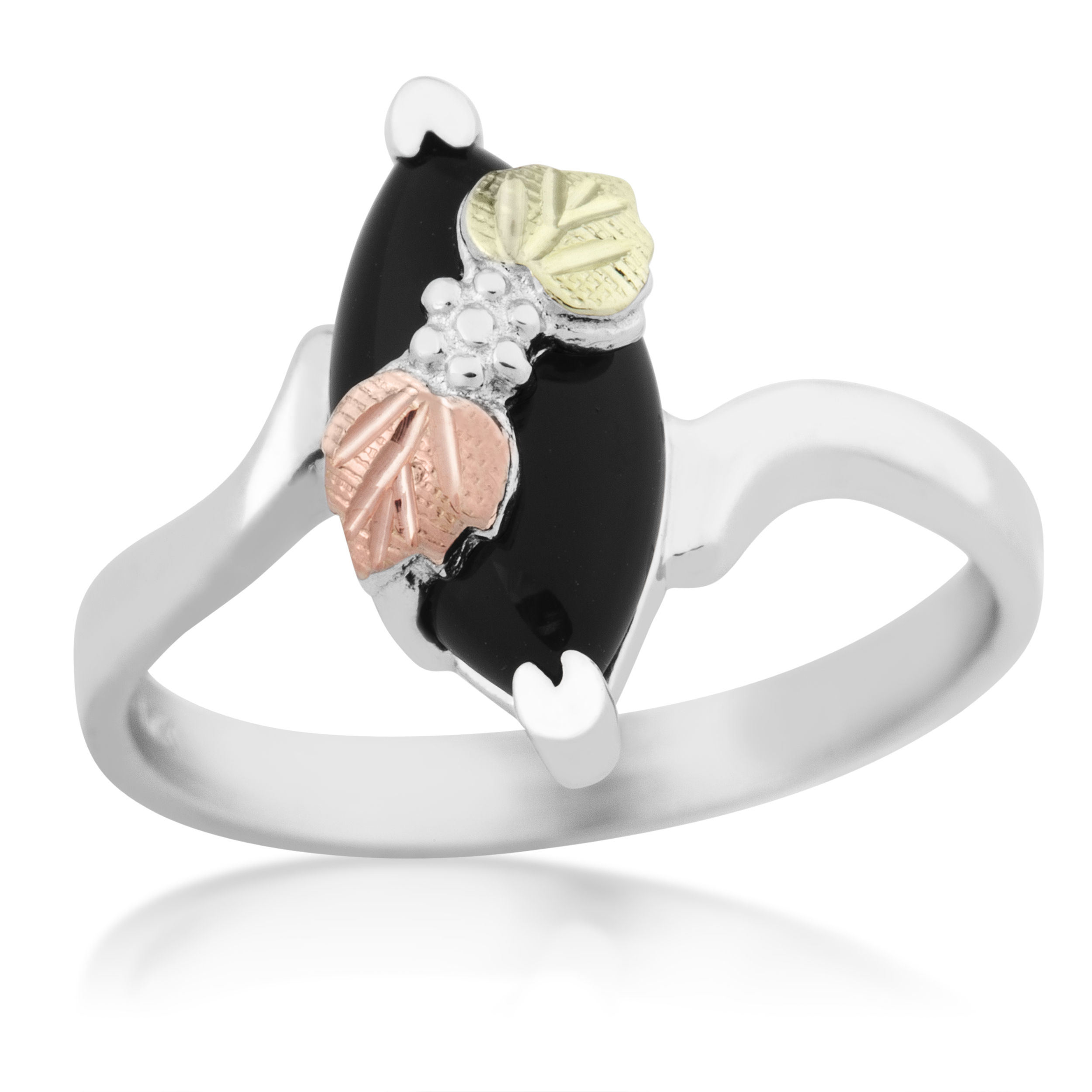 Created Birthstone Ring, Rhodium Plated Sterling Silver, 12k Green and Rose Gold Black Hills Silver Motif. 