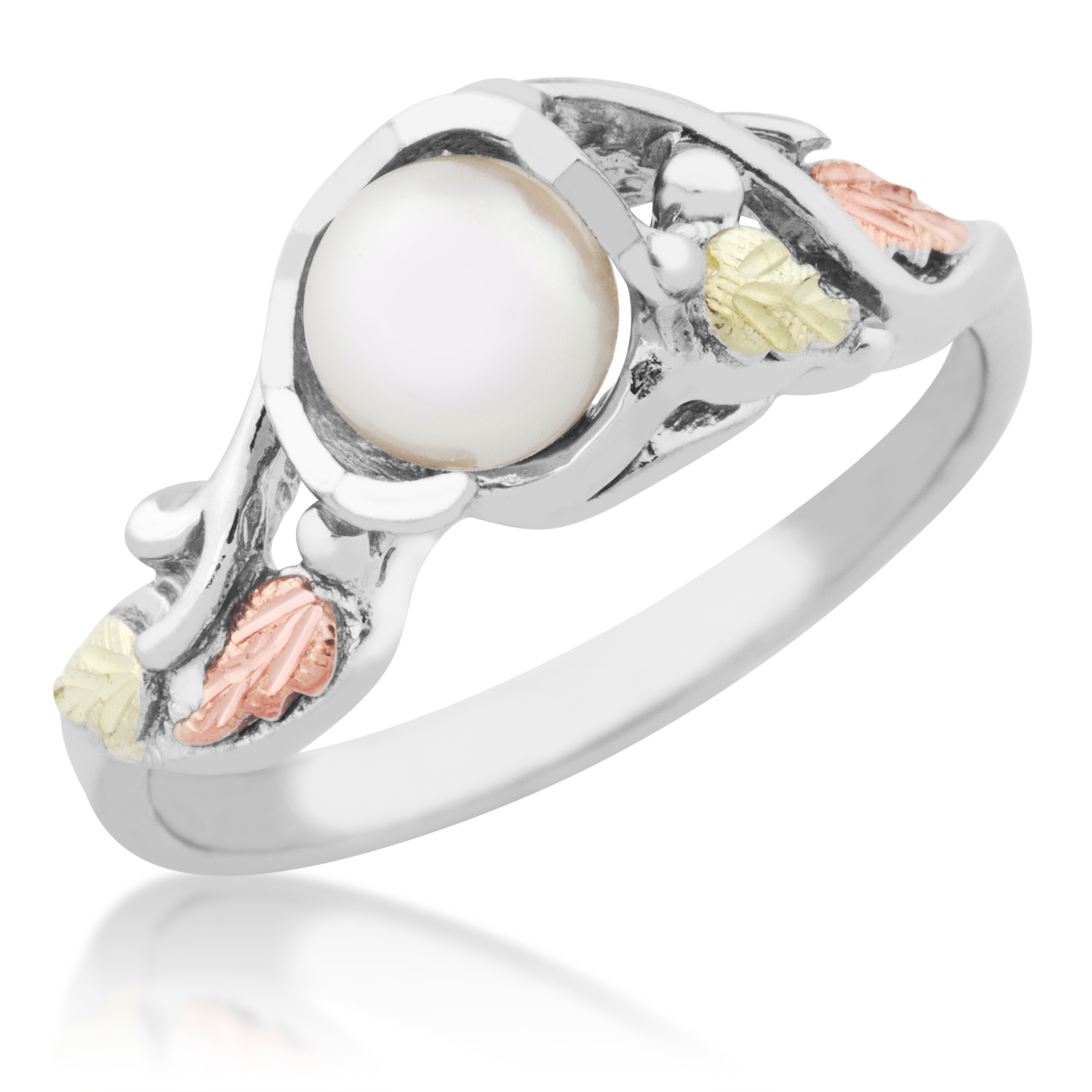 Created Birthstone Ring, Rhodium Plated Sterling Silver, 12k Green and Rose Gold Black Hills Silver Motif. 