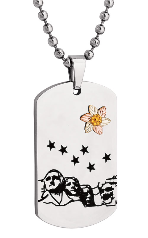 Mt. Rushmore Dog Tag in Sterling Silver and Black Hills Gold motif. 