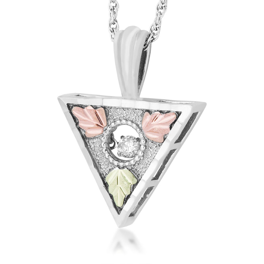 Black Hills Gold Floating Diamond Necklace with Inverted Triangle Shaped Sterling Silver Pendant. 