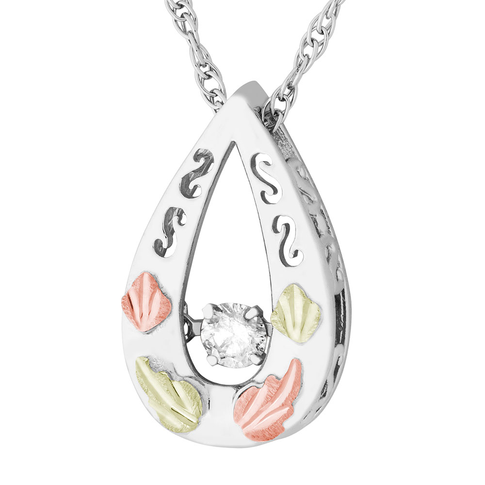 Black Hills Gold Floating Diamond Necklace with Pear Shaped Sterling Silver Pendant. 