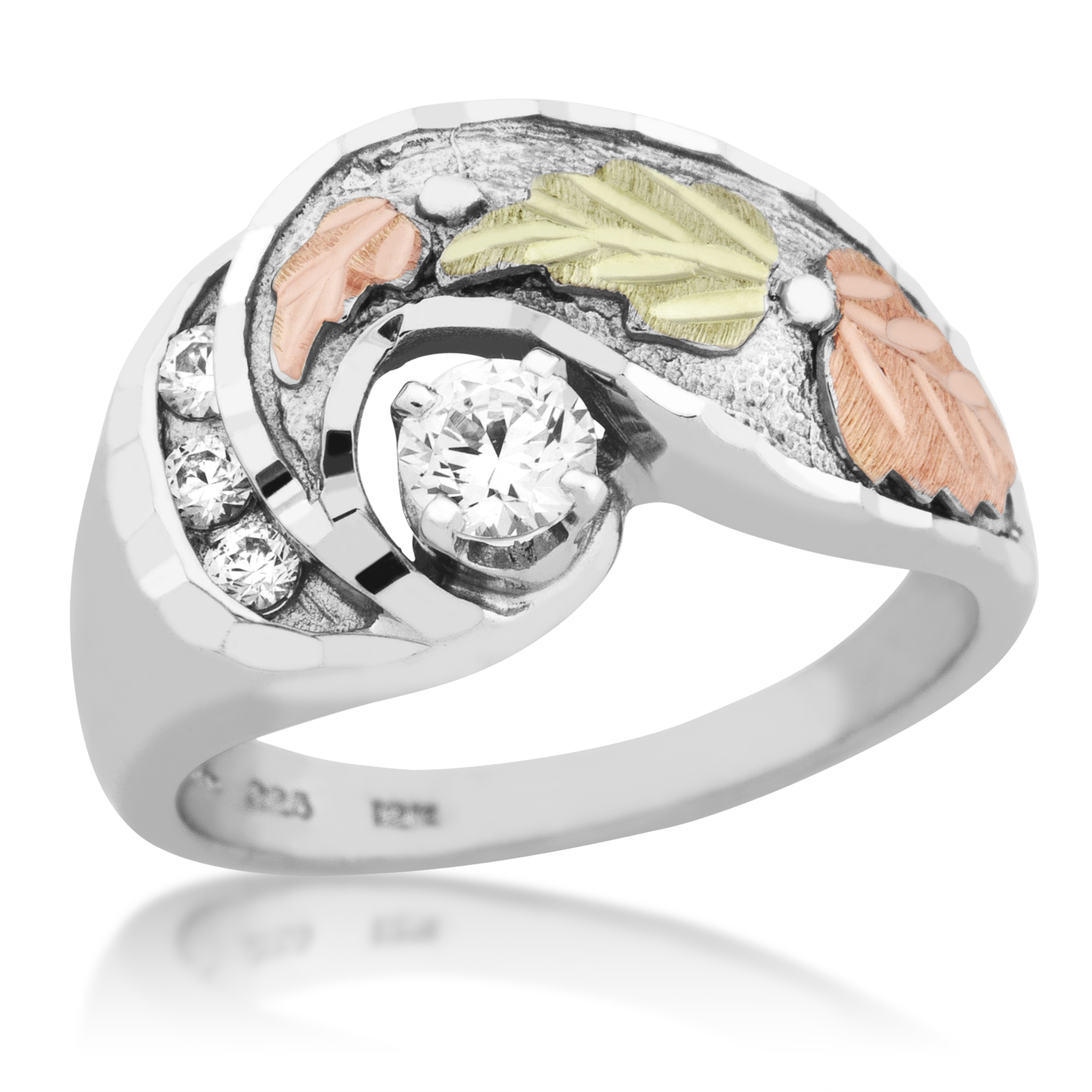 Created Birthstone Ring, Rhodium Plated Sterling Silver, 12k Green and Rose Gold Black Hills Silver Motif. 