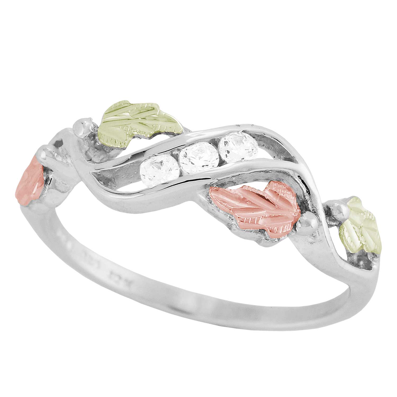 Sterling Silver Ring with CZ diamonds and Black Hills Gold motif.