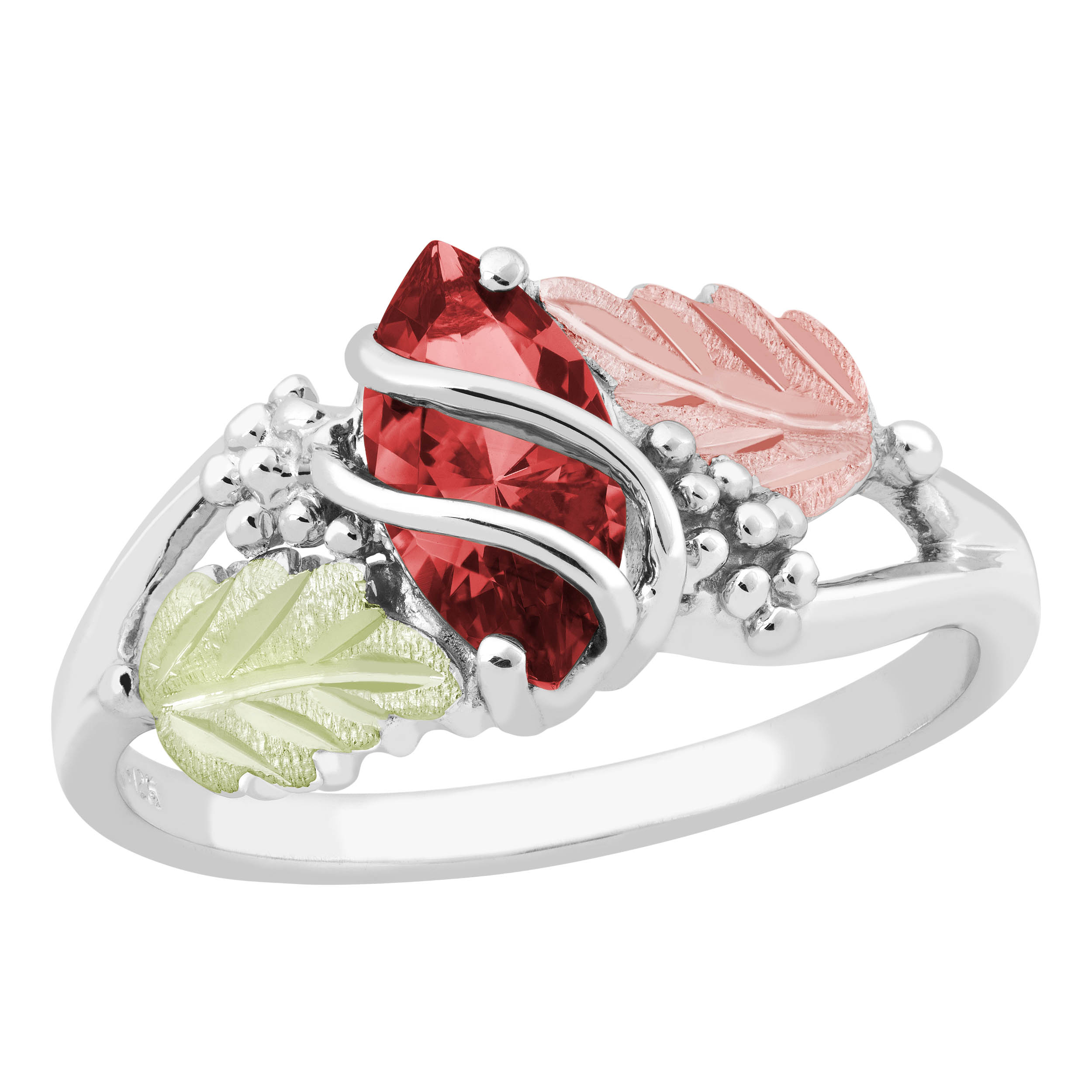 Created Birthstone Ring, Rhodium Plated Sterling Silver, 12k Green and Rose Gold Black Hills Silver Motif. 