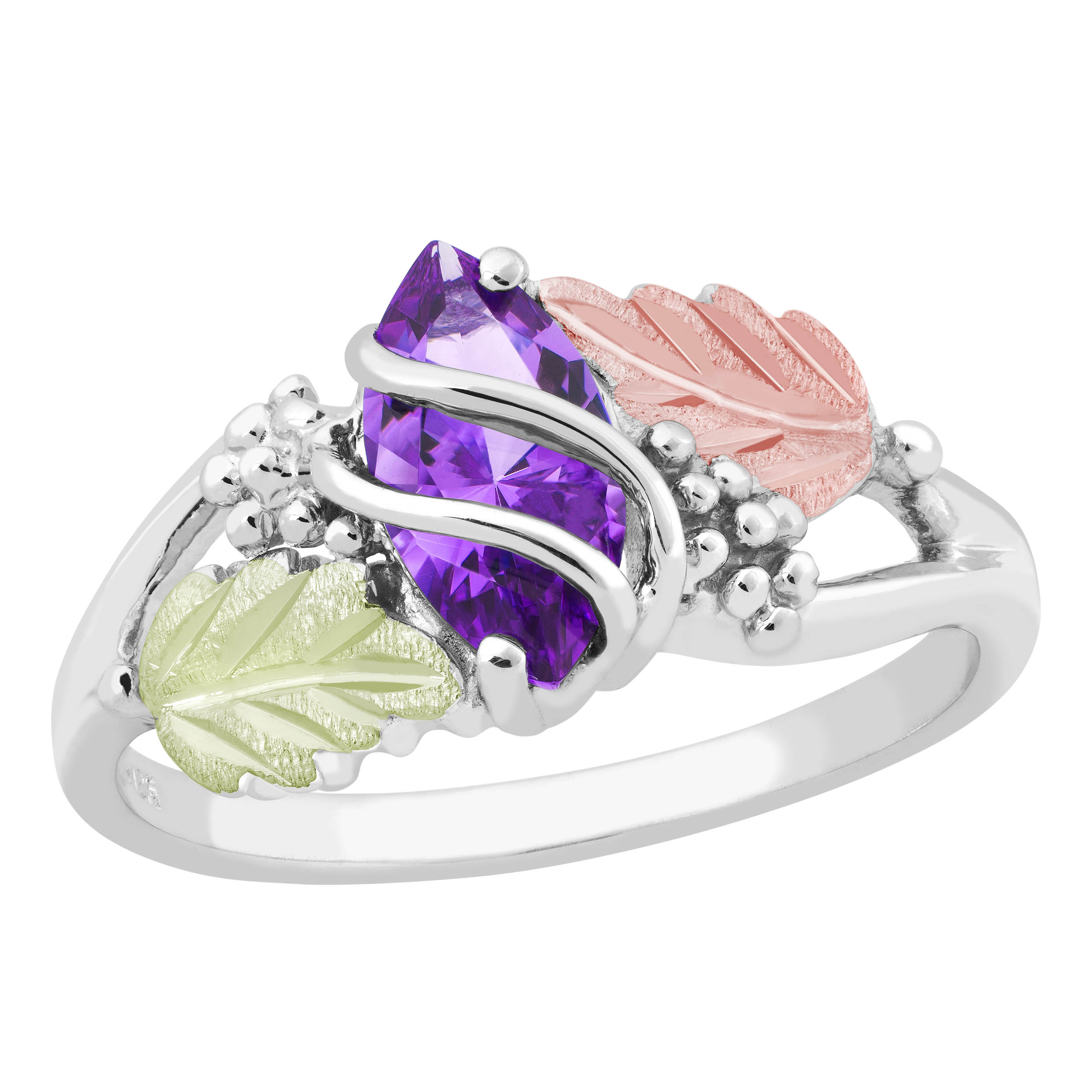 Created Birthstone Ring, Rhodium Plated Sterling Silver, 12k Green and Rose Gold Black Hills Silver Motif.