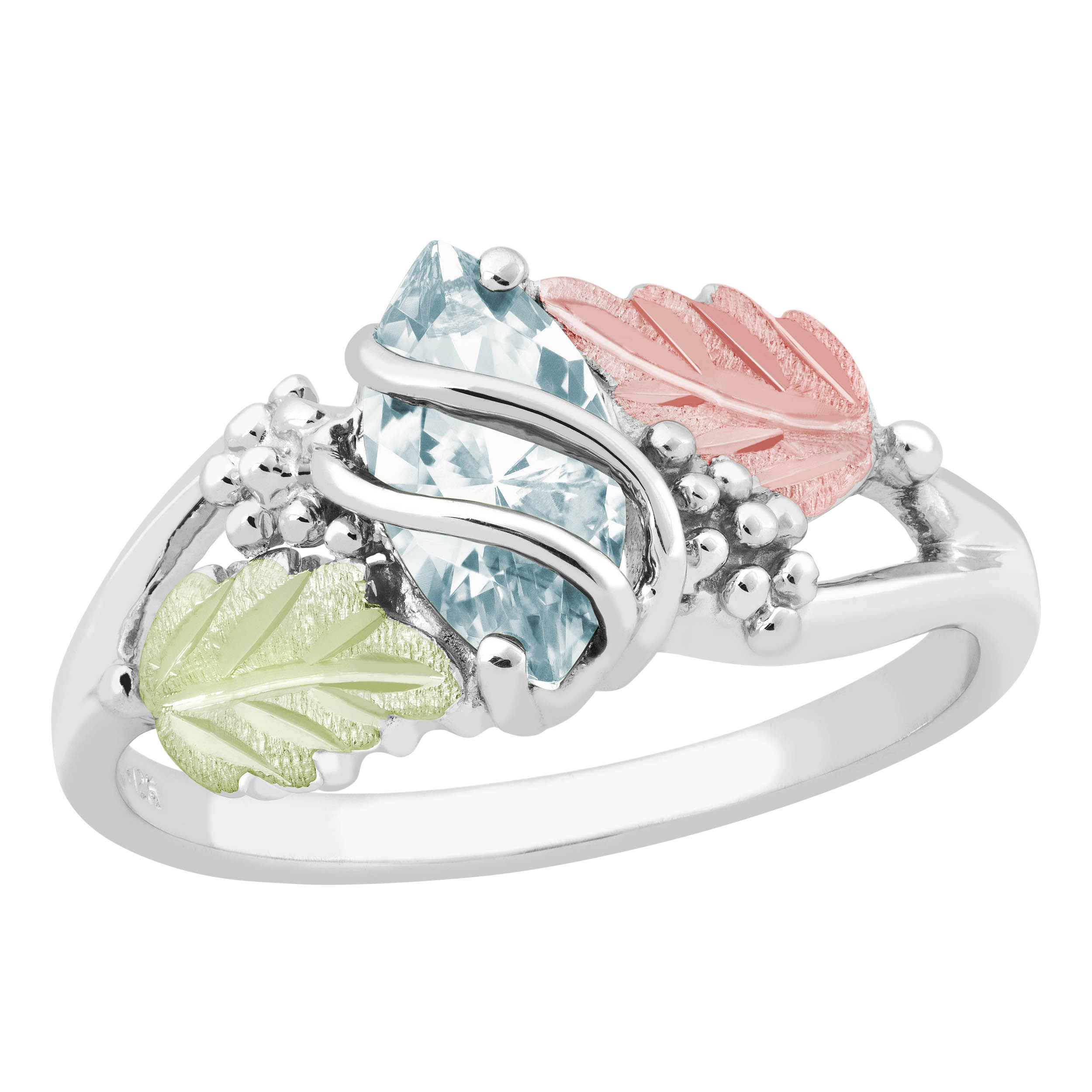 Created Birthstone Ring, Rhodium Plated Sterling Silver, 12k Green and Rose Gold Black Hills Silver Motif. 