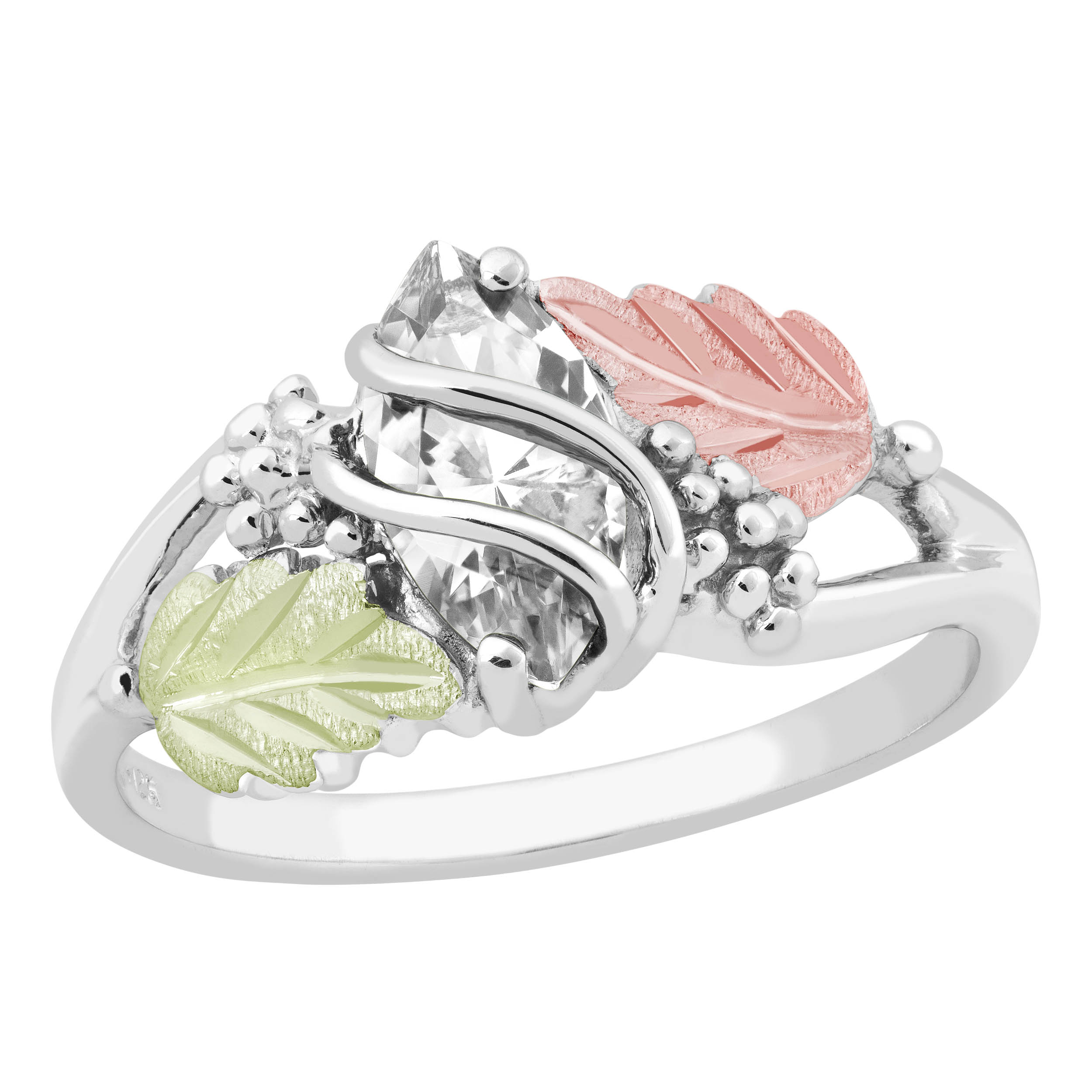 Created Birthstone Ring, Rhodium Plated Sterling Silver, 12k Green and Rose Gold Black Hills Silver Motif. 