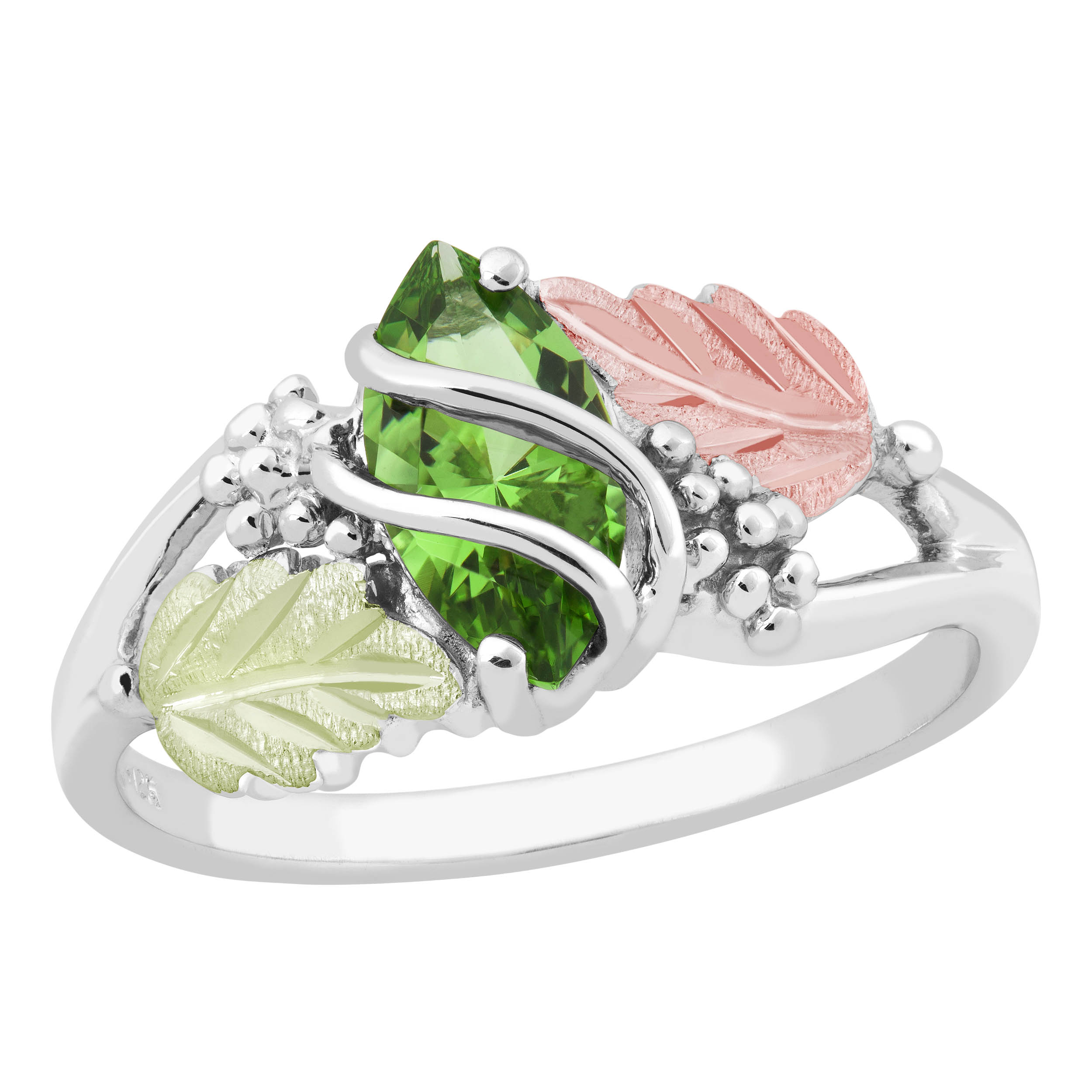 Created Birthstone Ring, Rhodium Plated Sterling Silver, 12k Green and Rose Gold Black Hills Silver Motif.