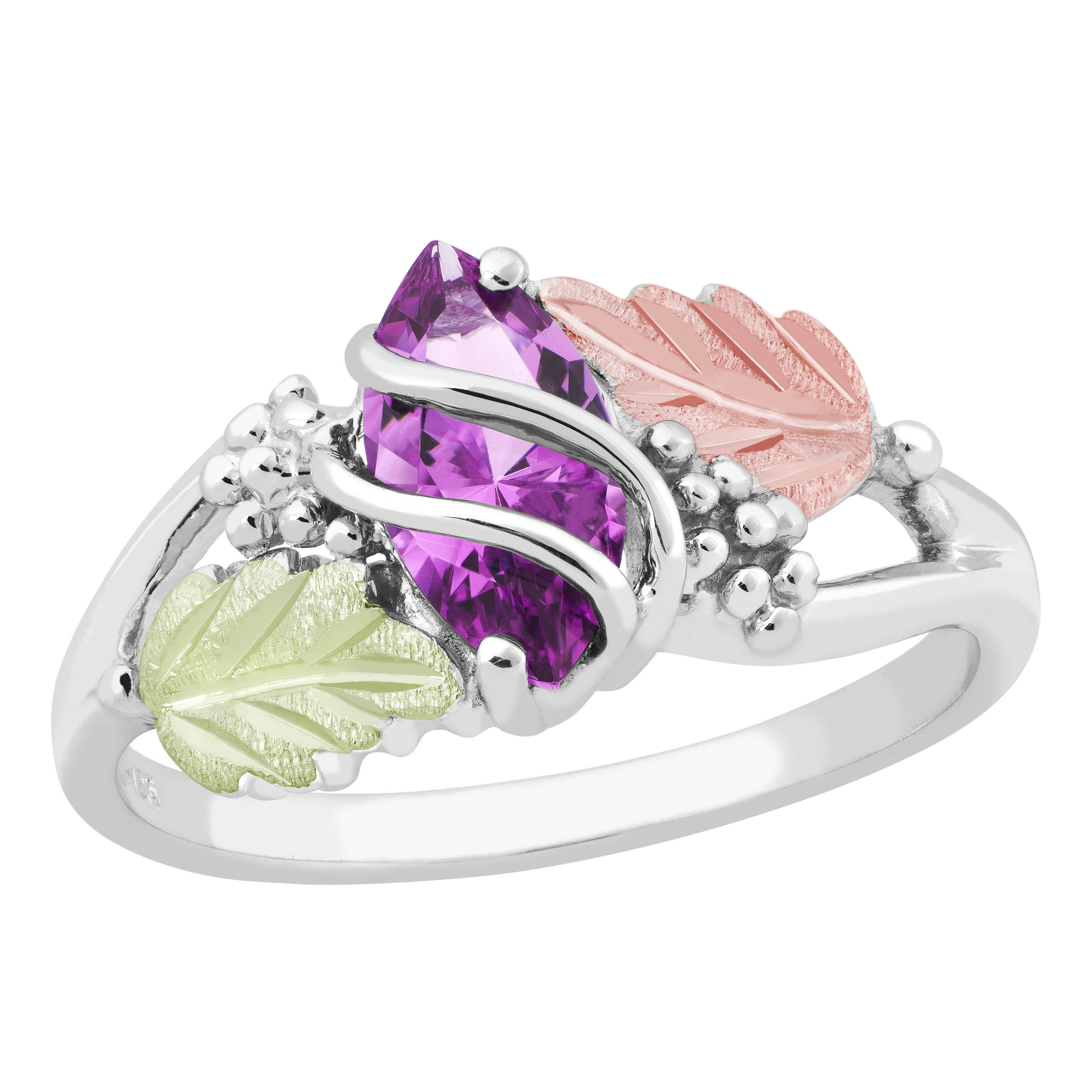 Created Birthstone Ring, Rhodium Plated Sterling Silver, 12k Green and Rose Gold Black Hills Silver Motif. 