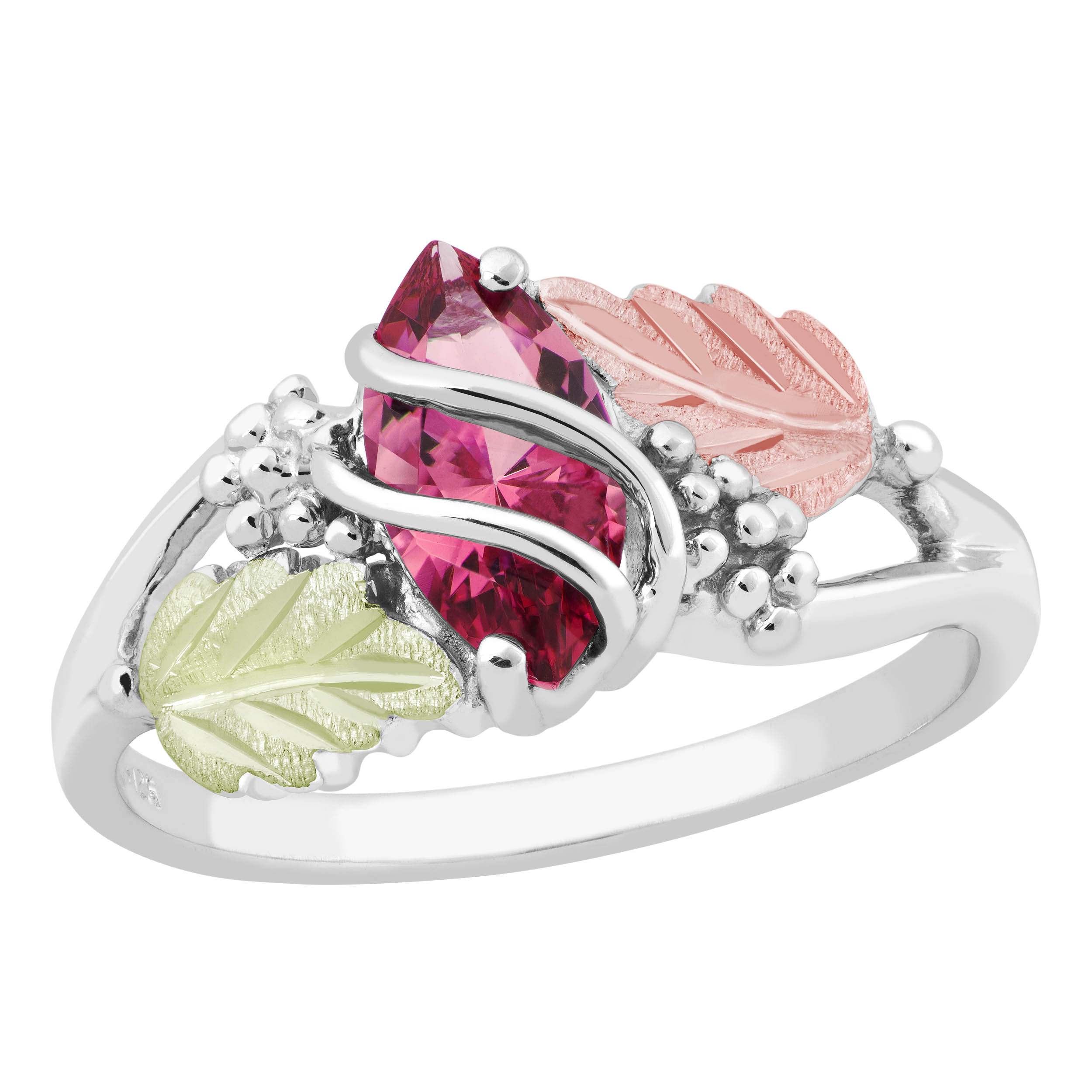 Created Birthstone Ring, Rhodium Plated Sterling Silver, 12k Green and Rose Gold Black Hills Silver Motif. 