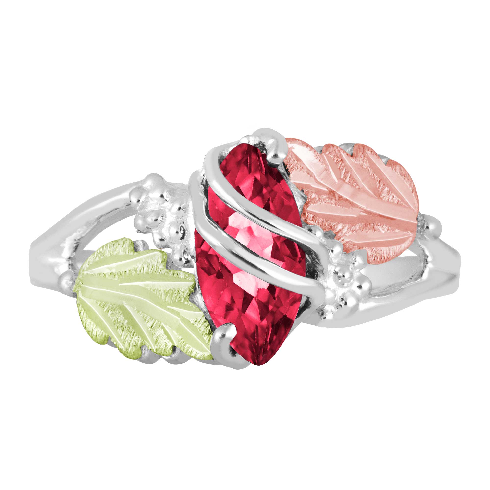 Created Birthstone Ring, Rhodium Plated Sterling Silver, 12k Green and Rose Gold Black Hills Silver Motif. 